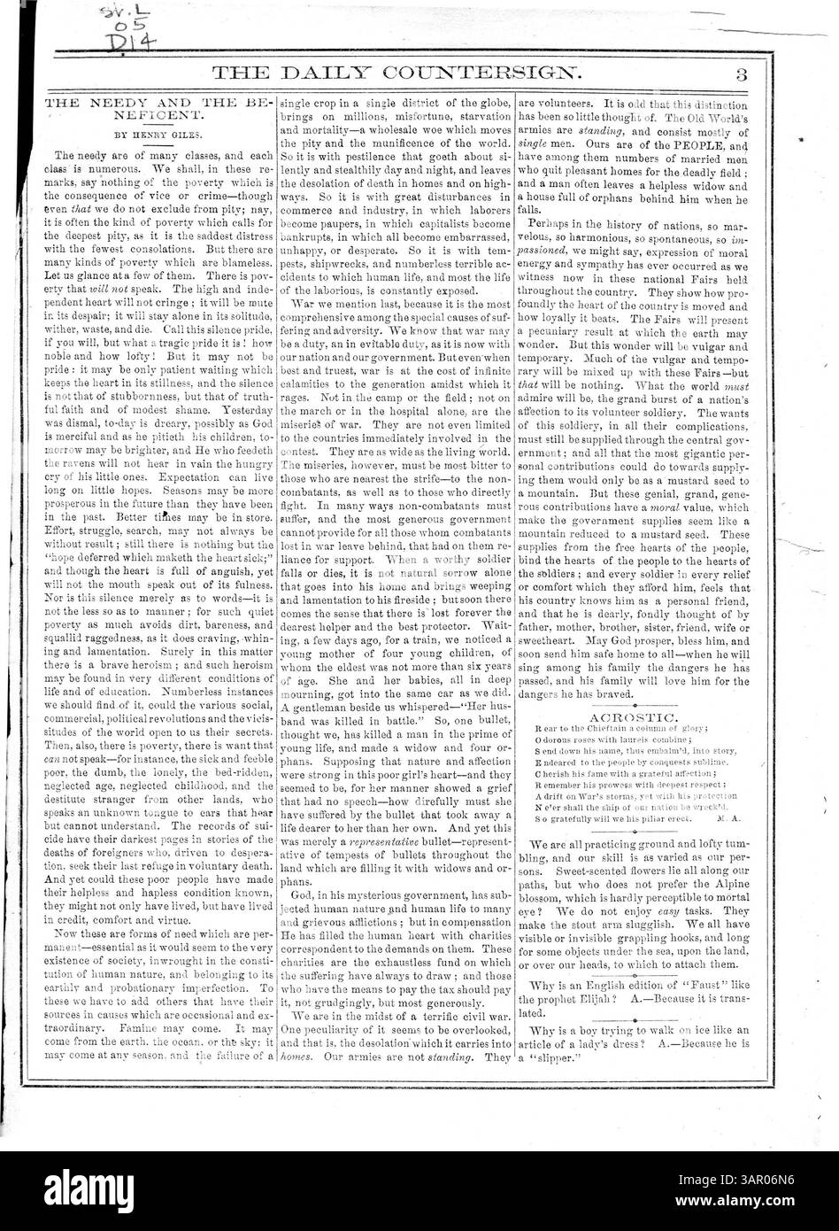 Die erste Ausgabe des täglichen Gegenzeichens, Band 1, Nr. 1, die Neuigkeiten über die Sanitär-Messe in Mississippi beschreibt. Veröffentlicht vom Ladies' Executive Committee und herausgegeben von Anna C. Brackett, gibt es historische Einblicke in Initiativen im Bereich der öffentlichen Gesundheit. Stockfoto