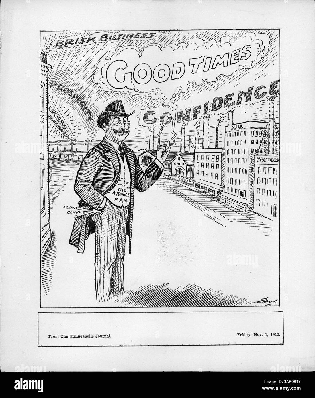 Dieses unbenannte Werk zeigt eine Illustration von Wohlstand und Arbeitskultur, in der der Durchschnittsmensch grinsend dargestellt wird, während Münzen in seiner Tasche klirren. Über dem Himmel lesen wir „gute Zeiten“ mit sonnenstrahlendem Wohlstand. Schornsteine atmen lebhafte Geschäfte aus, und Telegrafenlinien senden Befehle, die Arbeit für alle symbolisieren. Läden, Fabriken und Fabriken vermitteln Vertrauen durch ihre Schornsteine. Stockfoto