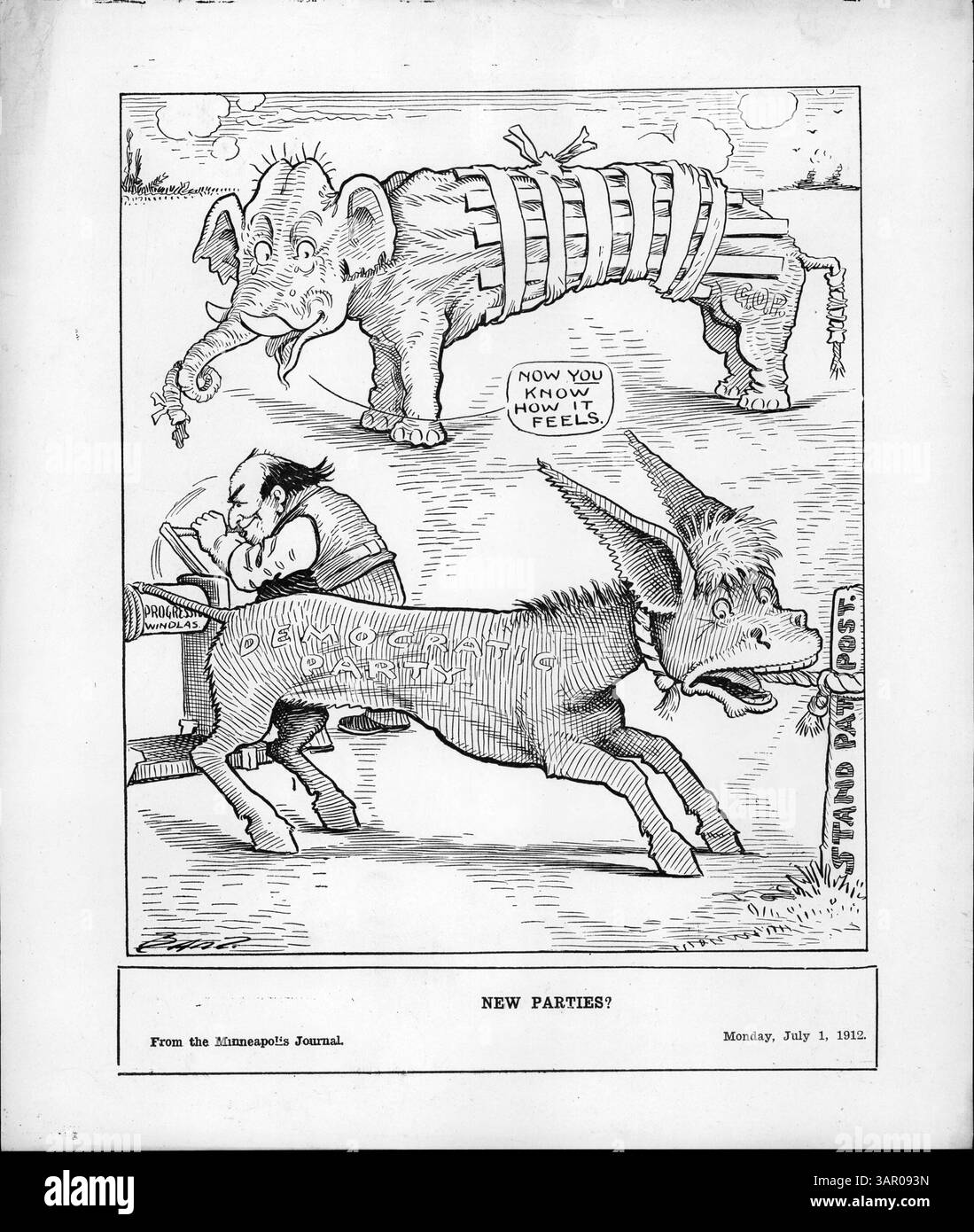 Dieser politische Cartoon aus der Republikanischen Versammlung zeigt den G.O.P. Elefanten, der zusieht, wie William Jennings Bryan die Progressive Winde dreht, um den demokratischen Esel zu dehnen. Das Bild veranschaulicht die Spaltung zwischen den Republikanischen und Demokratischen Parteien, wobei Bryan zu Beginn des 20. Jahrhunderts für mehr Progressivismus in der Demokratischen Plattform drängte. Stockfoto Dieser politische Cartoon aus der Republikanischen Versammlung zeigt den G.O.P. Elefanten, der zusieht, wie William Jennings Bryan die Progressive Winde dreht, um den demokratischen Esel zu dehnen. Das Bild veranschaulicht die Spaltung zwischen den Republikanischen und Demokratischen Parteien, wobei Bryan zu Beginn des 20. Jahrhunderts für mehr Progressivismus in der Demokratischen Plattform drängte. Stockfoto