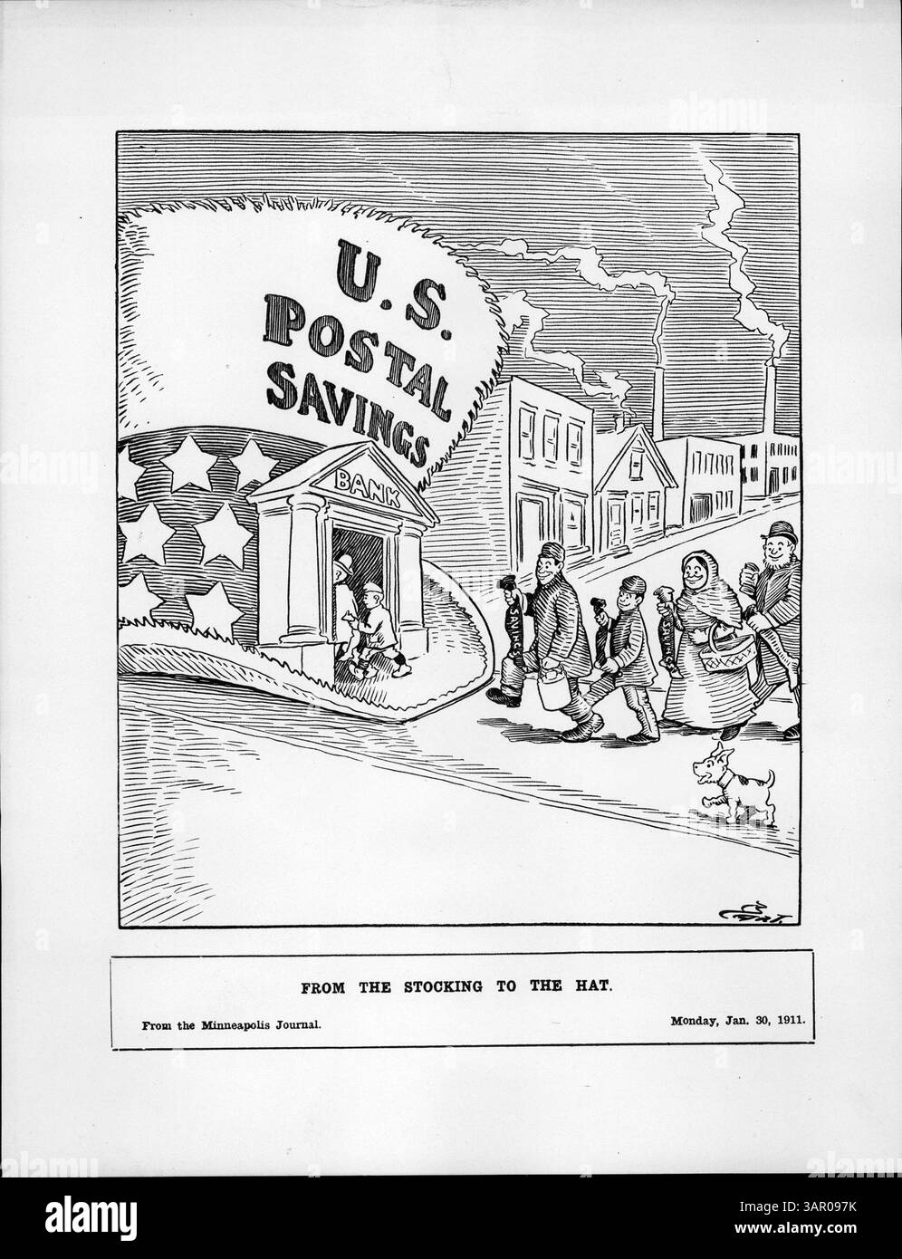 „Vom Stocking zum Hut“ zeigt eine Reihe von Menschen mit Strümpfen, die zu einem Gebäude in Form von Uncle Sams Hut gehen, das als U.S. Postal Savings Bank gekennzeichnet ist. Das Bild zeigt die Einweihung von Postspareinlagen in Neuengland im Januar 1913. Stockfoto