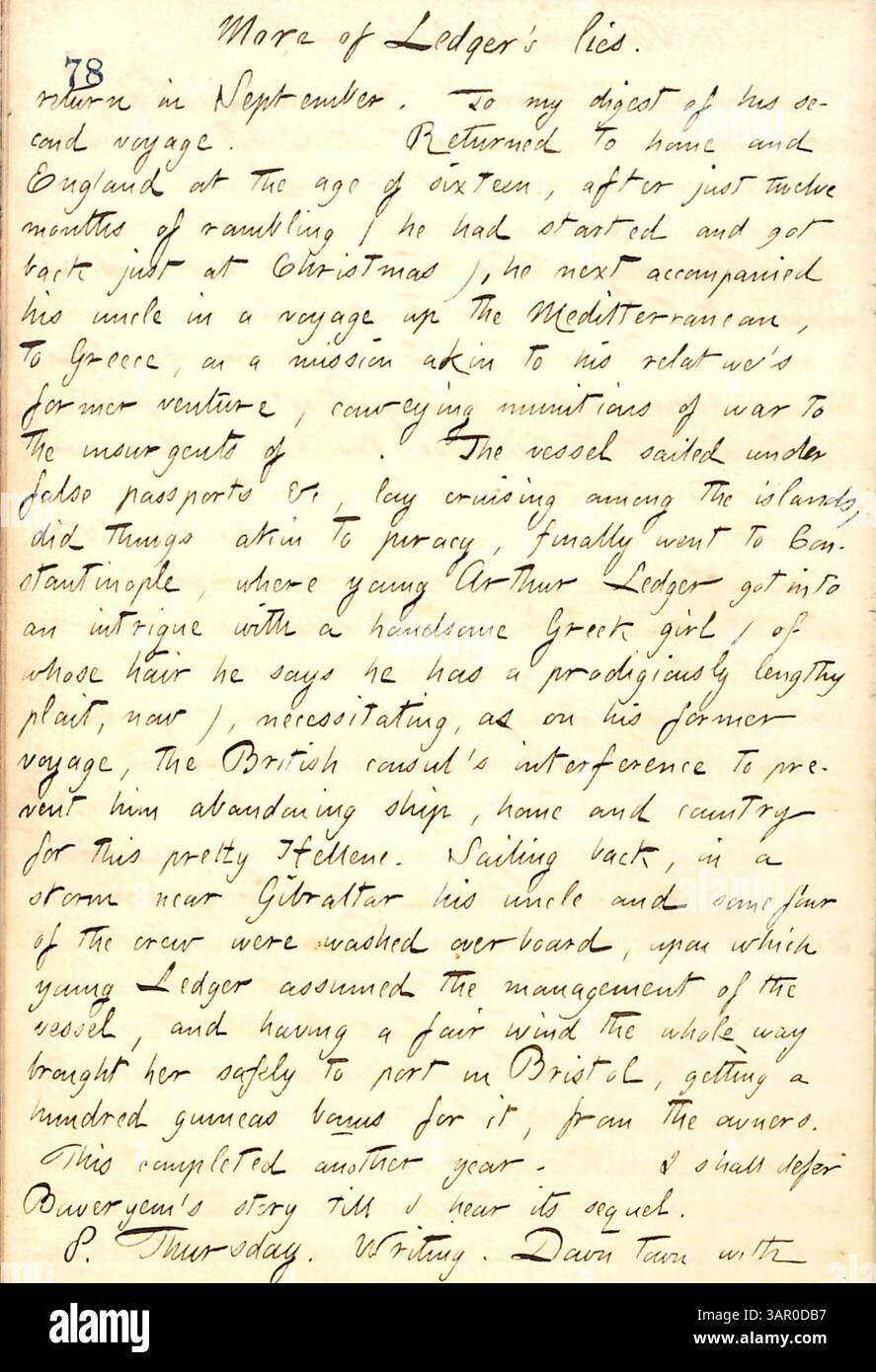 Tagebucheintrag vom 7. Bis 8. März 1860 in Band 12 von Thomas Butler Gunns Tagebüchern, in dem Arthur Ledgers Geschichten vergangener Reisen und Abenteuer, einschließlich seiner Zeit im Mittelmeer und in Konstantinopel, erzählt werden. Stockfoto