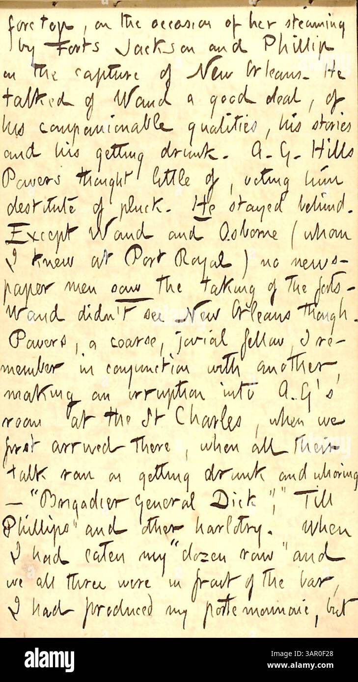 In diesem Tagebucheintrag von 1863 schreibt Thomas Butler Gunn ein Gespräch mit Mr. Powers, in dem er über militärische Ereignisse im Zusammenhang mit der Eroberung von New Orleans und seine Interaktionen mit verschiedenen Personen während des Bürgerkriegs reflektiert. Stockfoto