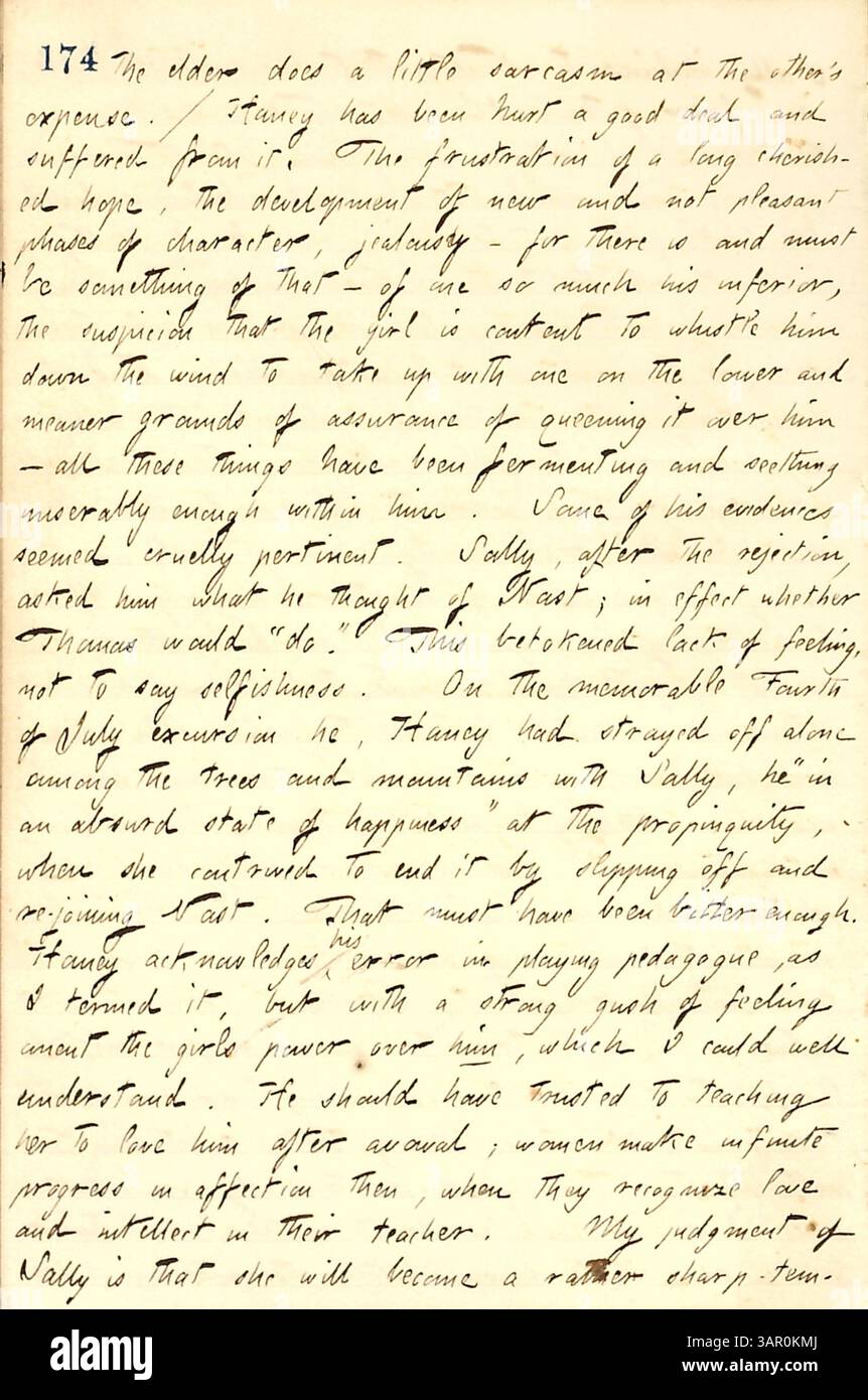 In diesem Tagebucheintrag vom 20. Dezember 1859 erzählt Thomas Butler Gunn von einem persönlichen Kampf zwischen Jesse Haney und Sally Edwards und beschreibt Haneys emotionalen Aufruhr über unreziproke Zuneigung. Der Beitrag befasst sich mit Haneys Frustration, Eifersucht und dem Schmerz, seine Hoffnungen zerschlagen zu sehen, insbesondere im Hinblick auf seine Wahrnehmung von Sallys Gefühlen gegenüber einem anderen Mann, Thomas Nast. Stockfoto