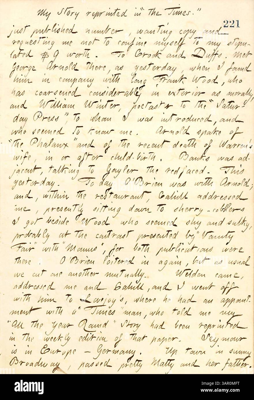 In diesem Tagebucheintrag vom 31. Mai 1860 reflektiert Thomas Butler Gunn seine Geschichte in der New York Times und diskutiert persönliche Interaktionen mit Schriftstellern und Dichtern in New York. Stockfoto