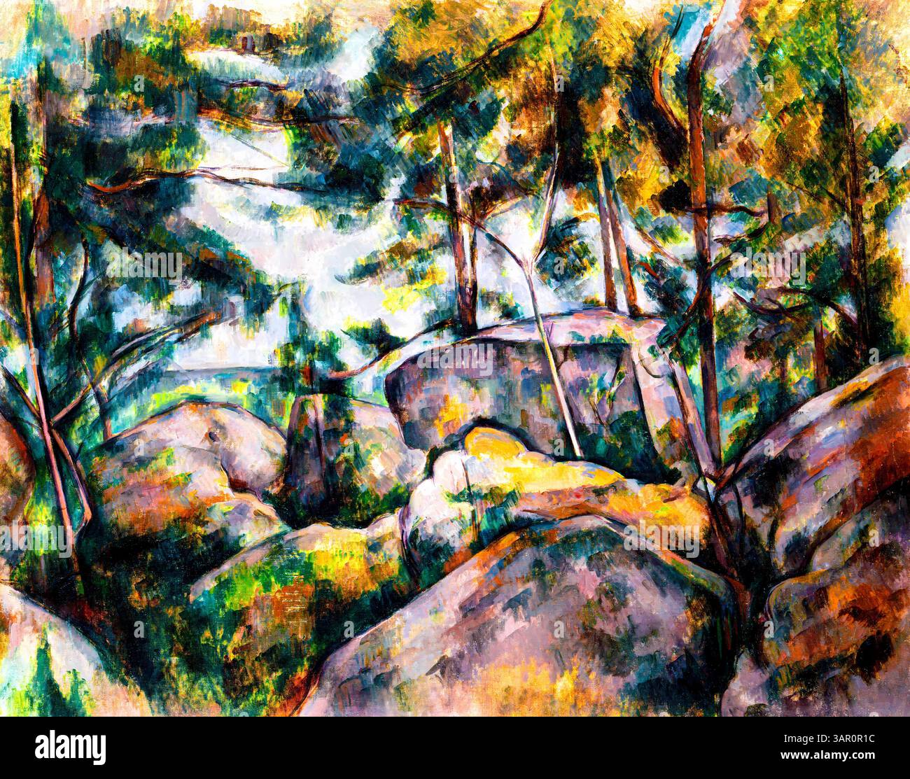Cézannes Rocks in the Forest aus den 1880er Jahren verbindet die raue Geologie der Provence mit postimpressionistischer Innovation. Detailreiche 300 DPI/RGB-Datei für Ausdrucke, d Stockfoto Cézannes Rocks in the Forest aus den 1880er Jahren verbindet die raue Geologie der Provence mit postimpressionistischer Innovation. Detailreiche 300 DPI/RGB-Datei für Ausdrucke, d Stockfoto
