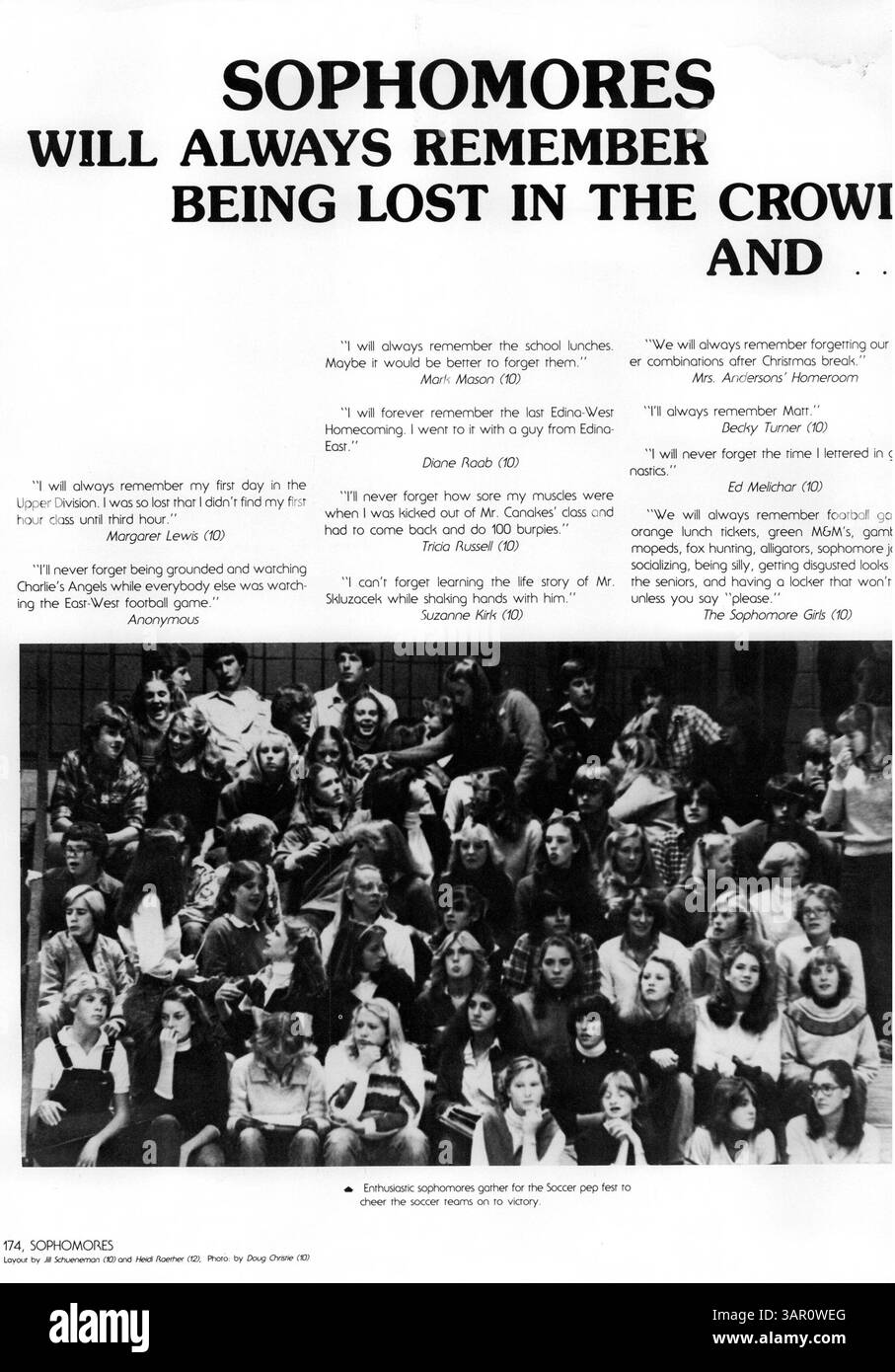 Dieses Jahr dokumentiert die Schüler, Lehrer, Vereine, Leichtathletik und andere Veranstaltungen des Schuljahres 1980-1981 an der Edina West High School. Stockfoto