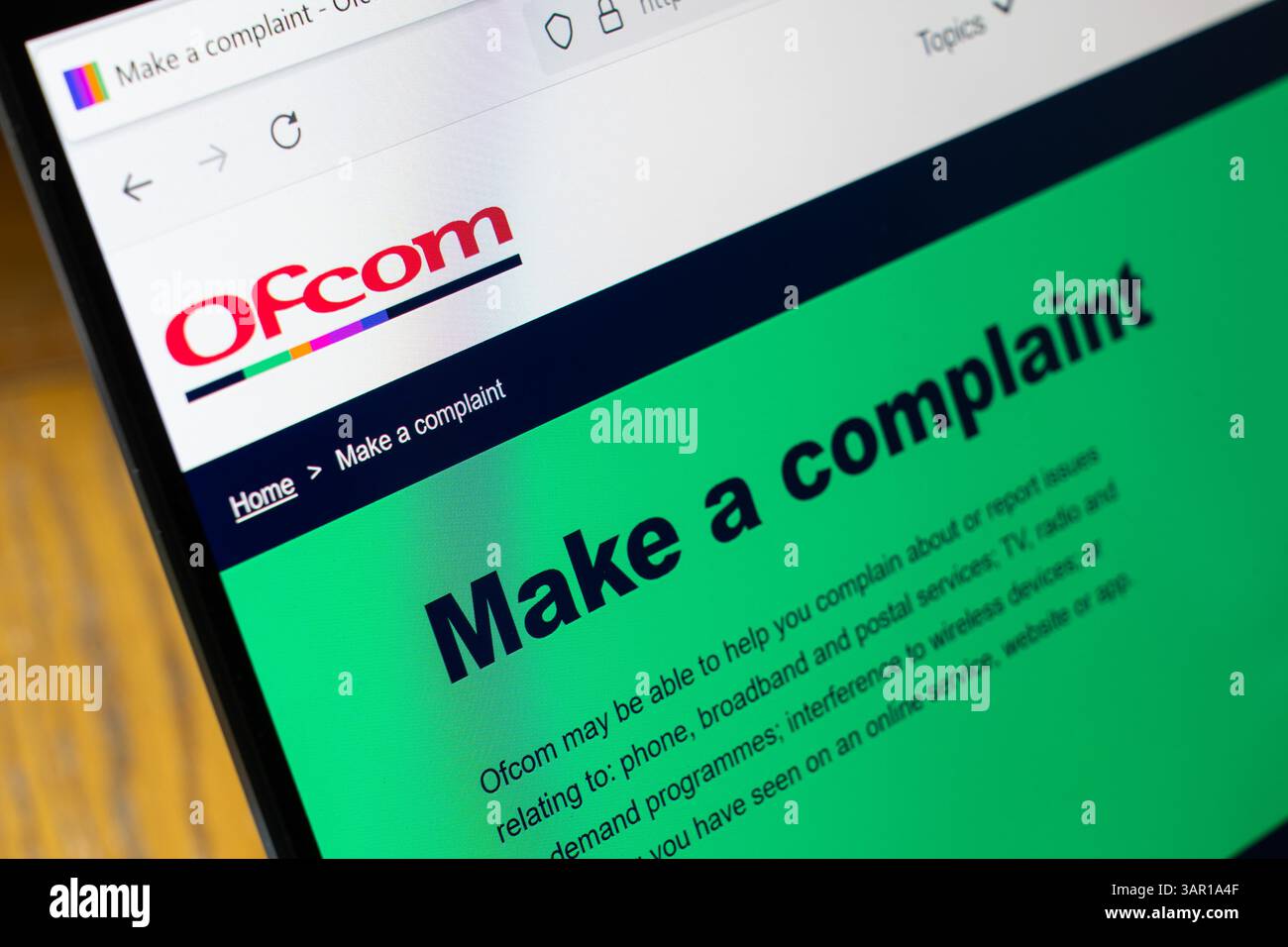 Schreiben Sie einen Beschwerdebildschirm auf der Website von Ofcom (Office of Communications), Großbritannien. Konzept: Beschwerden, Telefon-, Breitband- und Postdienste Stockfoto