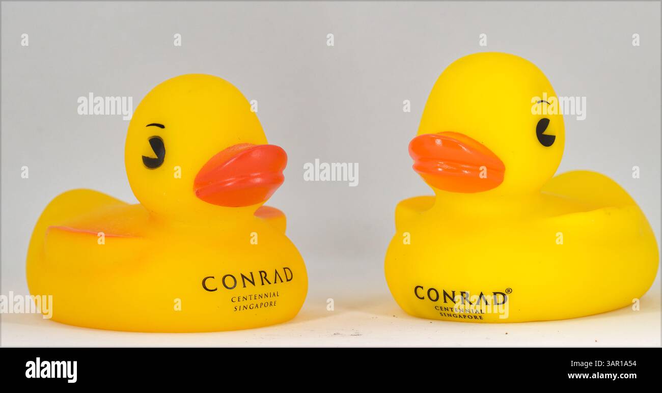 Zwei Plastikenten mit dem Conrad Hotel Singapore, Badespielzeug Stockfoto