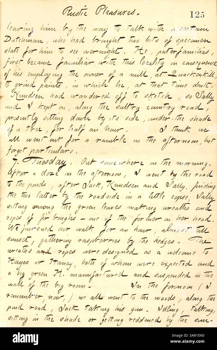 Thomas Butler Gunns Tagebuch, Band 13, Eintrag vom 6. Bis 7. August 1860, beschreibt einen Urlaub in Grafton, New York, mit der Familie Edwards und reflektiert ländliche Freuden und lokale Interaktionen. Diese Seite zeigt das tägliche Leben im 19. Jahrhundert. Stockfoto