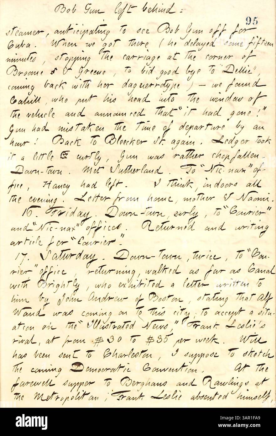 Thomas Butler Gunns Tagebucheintrag vom 15. Bis 17. März 1860 gibt an, dass Bob Gun aufgrund eines Zeitfehlers das Boot nach Kuba verpasst hat. Gunn reflektiert soziale Interaktionen und die Folgen des Vorfalls. Stockfoto