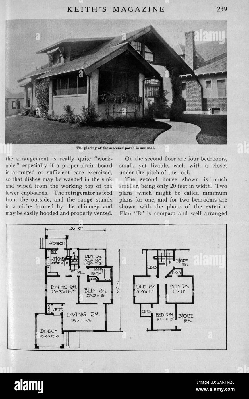 Keith’s Magazine, das 1918 monatlich vom Architekten Max L. Keith veröffentlicht wurde, zeigt Hausentwürfe mit Grundrissen, Illustrationen und detaillierten Beschreibungen. Jede Ausgabe umfasst die Kosten für den Bau, Artikel über das Wohngebäude, die Inneneinrichtung, die Landschaftsgestaltung und Werbung für Möbel, Accessoires und Baumaterialien. Einige Themen betreffen auch Pläne für Kirchen und Schulen. Stockfoto
