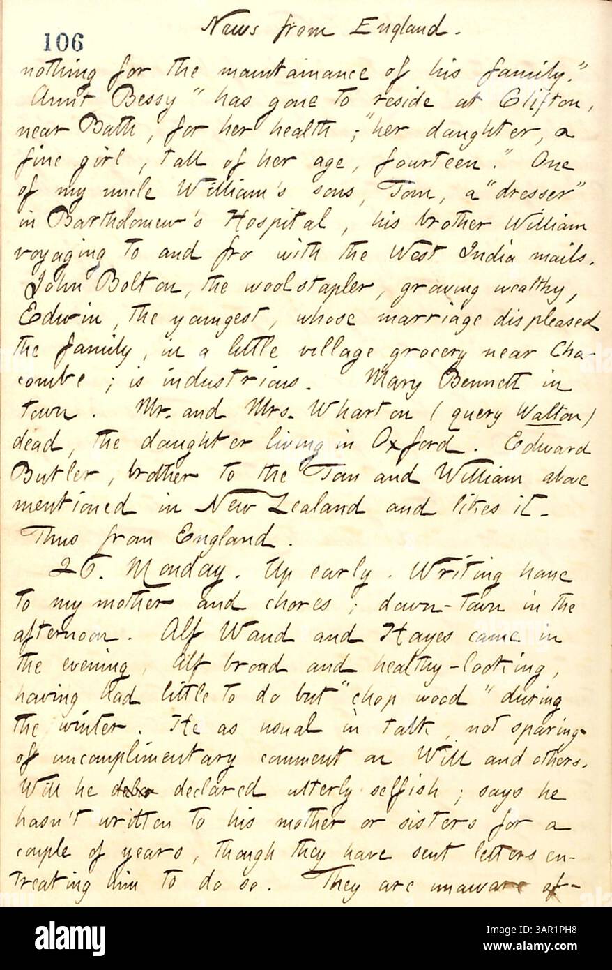 Thomas Butler Gunns Tagebucheintrag vom 25. Bis 26. März 1860 reflektiert einen Brief seiner Mutter, der Familienereignisse und Nachrichten aus England beschreibt, einschließlich Updates über das Leben und die Orte der Verwandten. Stockfoto