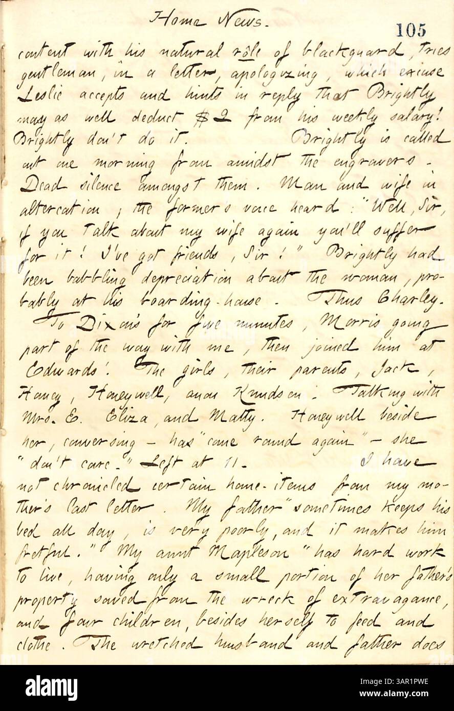 Tagebucheintrag aus Thomas Butler Gunns Tagebüchern, 25. März 1860, in dem ein Konflikt zwischen Joseph Brightly und Frank Leslie beschrieben wird und ein gesellschaftlicher Konflikt besteht. Stockfoto