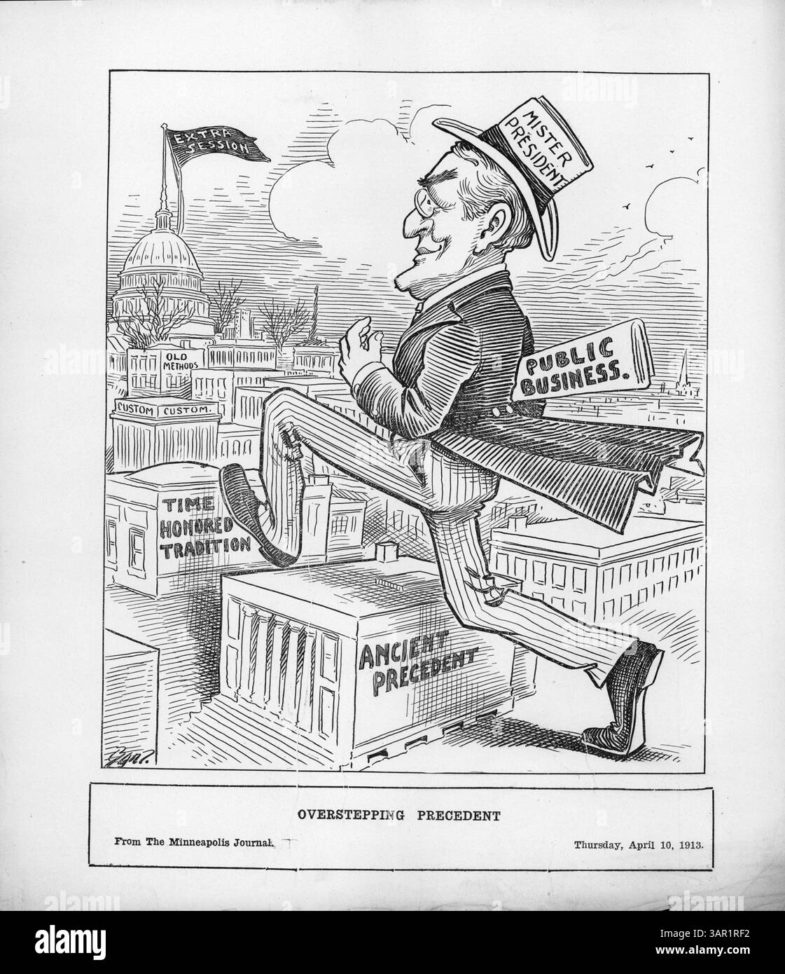 Dieses Bild zeigt Präsident Wilson, der Symbole der Tradition, Gewohnheiten und alten Methoden auf seinem Weg, persönlich vor dem Kongress zu sprechen, überwindet und dabei über ein Jahrhundert Präzedenzfall bricht. Laut der New York Times wurde dieser Akt als eine wesentliche Abweichung von den etablierten Normen betrachtet, den Kongress schriftlich und nicht persönlich zu sprechen. Stockfoto