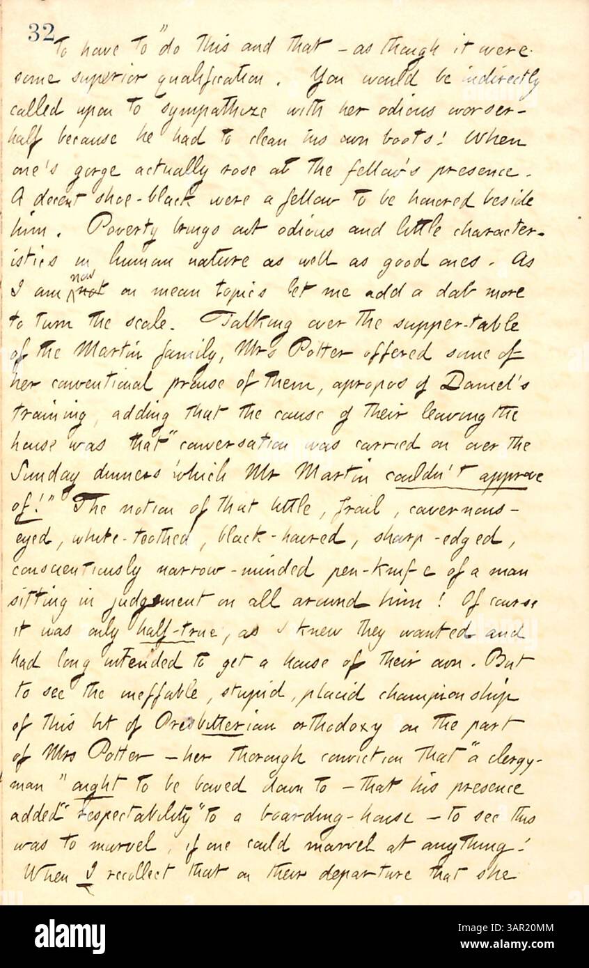 Dieser Tagebucheintrag von Thomas Butler Gunn vom 11. Dezember 1858 beschreibt persönliche Beobachtungen der Familie Martin und thematisiert die soziale Dynamik und die wirtschaftlichen Herausforderungen der Zeit. Es enthält Überlegungen über ihre Abreise aus seiner Pension. Stockfoto