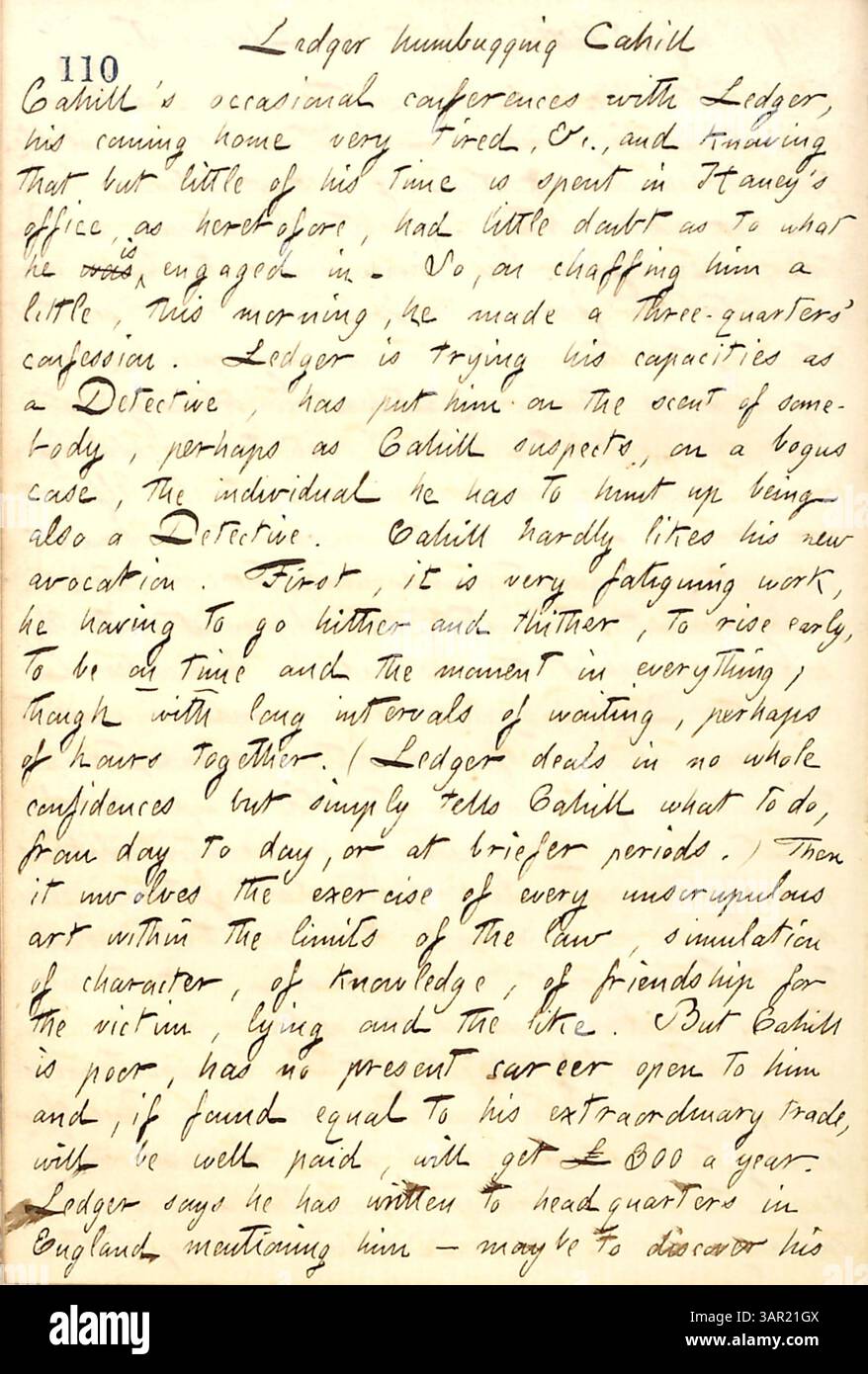 Thomas Butler Gunns Tagebuch vom 28. März 1860 beschreibt Detective Arthur Ledger, wie er Frank Cahill einem Fall zuweist, und enthüllt Cahills Widerwillen und Unzufriedenheit mit der anstrengenden Arbeit des Aufspürens. Stockfoto