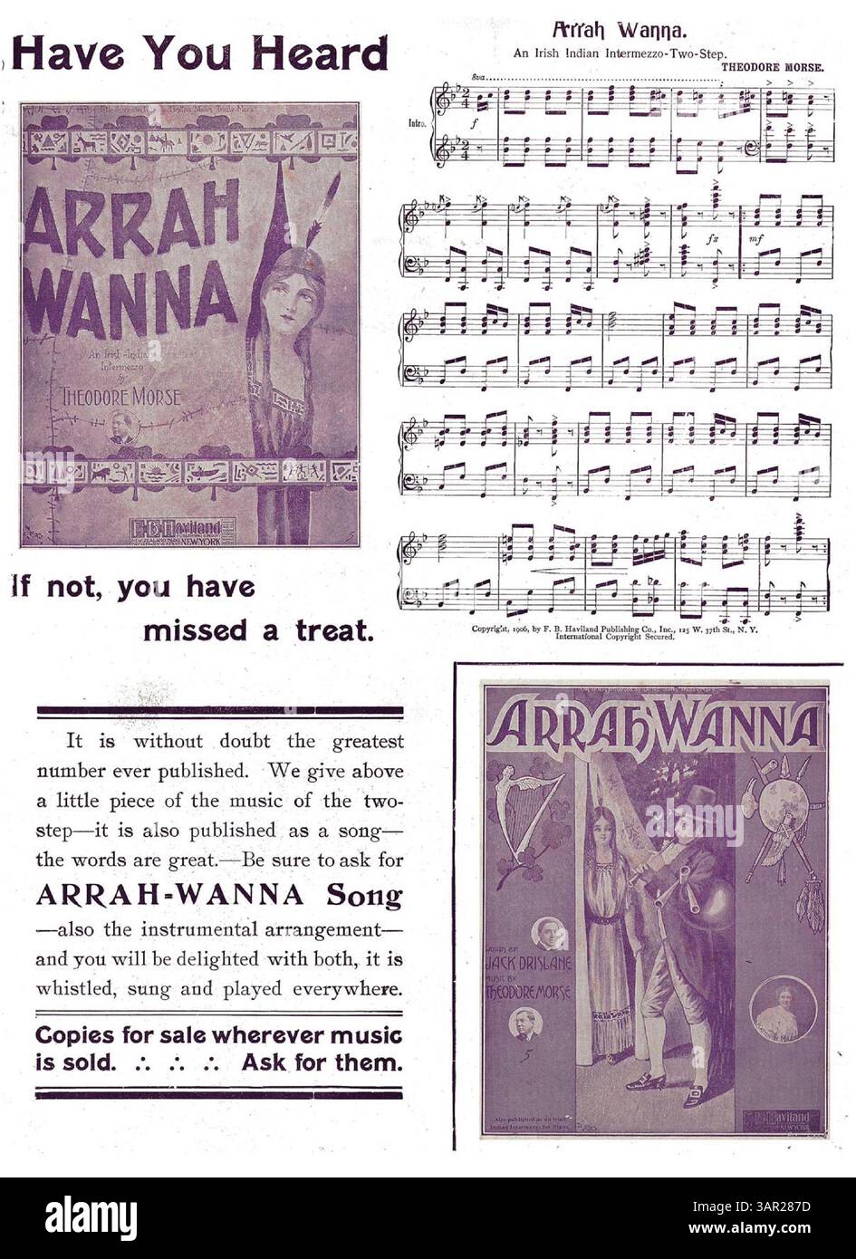 Eine zweistufige musikalische Komposition mit dem Titel „Sunny Smiles“ aus den Bibliotheken der University of Oregon, die Werbung auf verschiedenen Seiten enthält. Die erste Seite wirbt für „Haviland's Dance Folio No. 1“, gefolgt von einer Werbung für „Haviland's Dance Folio No. 2“. Ein einzigartiges Angebot auf der letzten Seite ermutigt Sie, einen 2-Cent-Stempel für gravierte Ansichtskarten zu versenden. Auf der Rückseite ist „Arrah Wanna“ in violettem Text dargestellt. Stockfoto