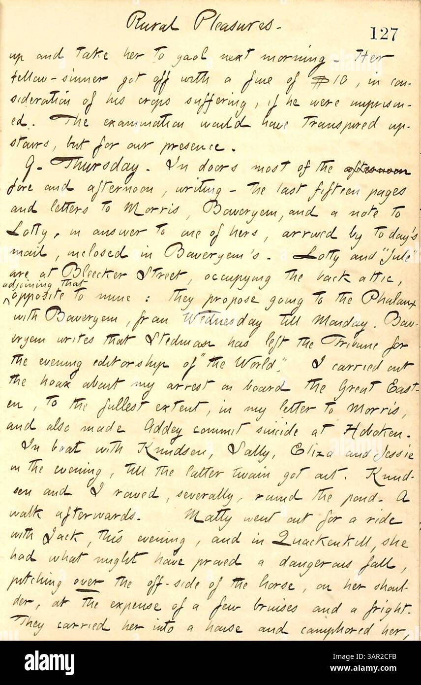 In diesem Tagebucheintrag vom 8. Bis 9. August 1860 beschreibt Thomas Butler Gunn einen Urlaub in Grafton, New York, mit der Familie Edwards. Der Eintrag enthält Überlegungen über das ländliche Leben, persönliche Beziehungen und Korrespondenz mit Freunden und Bekannten. Stockfoto