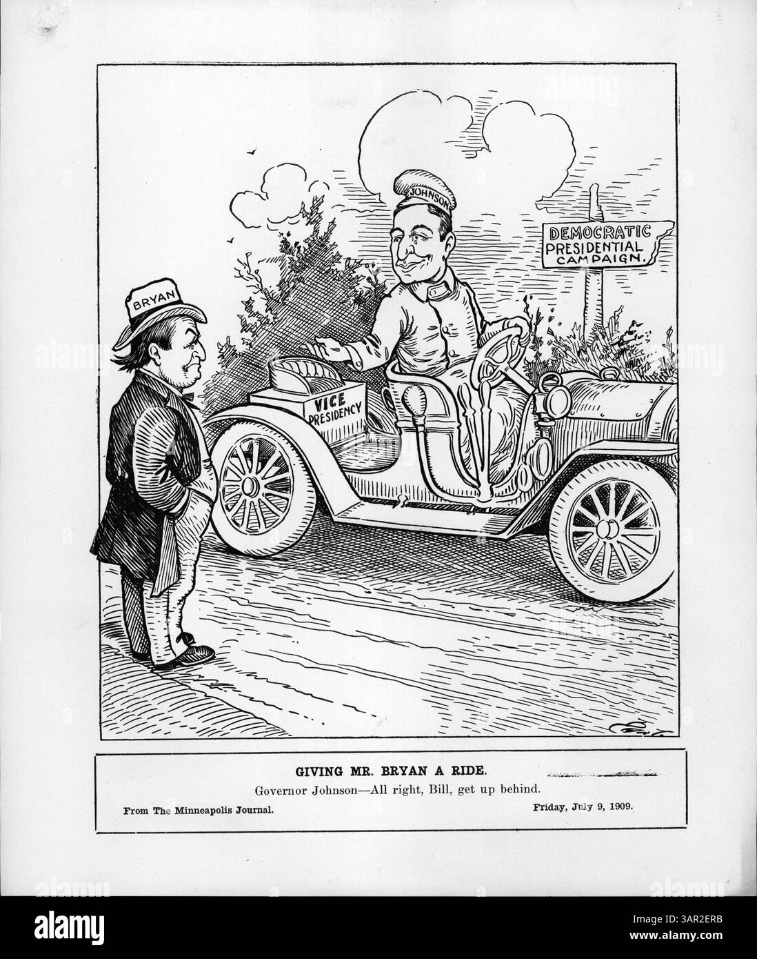 Dieses Bild zeigt Gouverneur John Johnson, der William Jennings Bryan einen Ritt anbietet, der zuvor Johnson für die Nominierung der Demokraten 1908 besiegt hatte. Johnson bot Bryan während des Wahlkampfs 1912 den Sitz des Vizepräsidenten an. Stockfoto