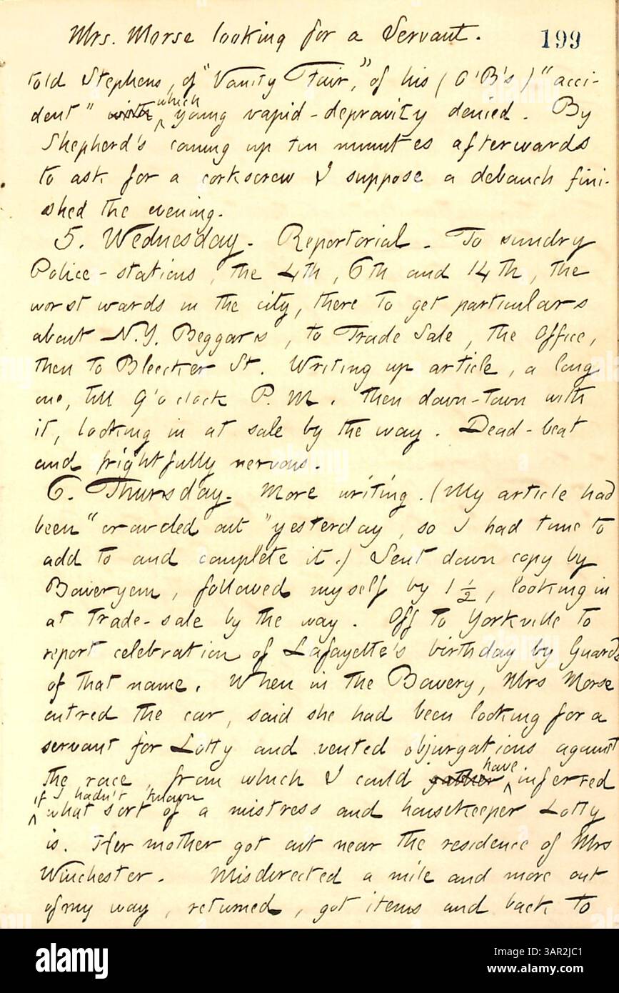 Dieser Tagebucheintrag von Thomas Butler Gunn vom 4. Bis 6. September 1860 beschreibt Treffen und Ereignisse in New York, einschließlich der Suche nach einem Diener für Lotty Kidder. Die Transkription gibt Einblicke in soziale und reportorische Aktivitäten in der Mitte des 19. Jahrhunderts. Stockfoto