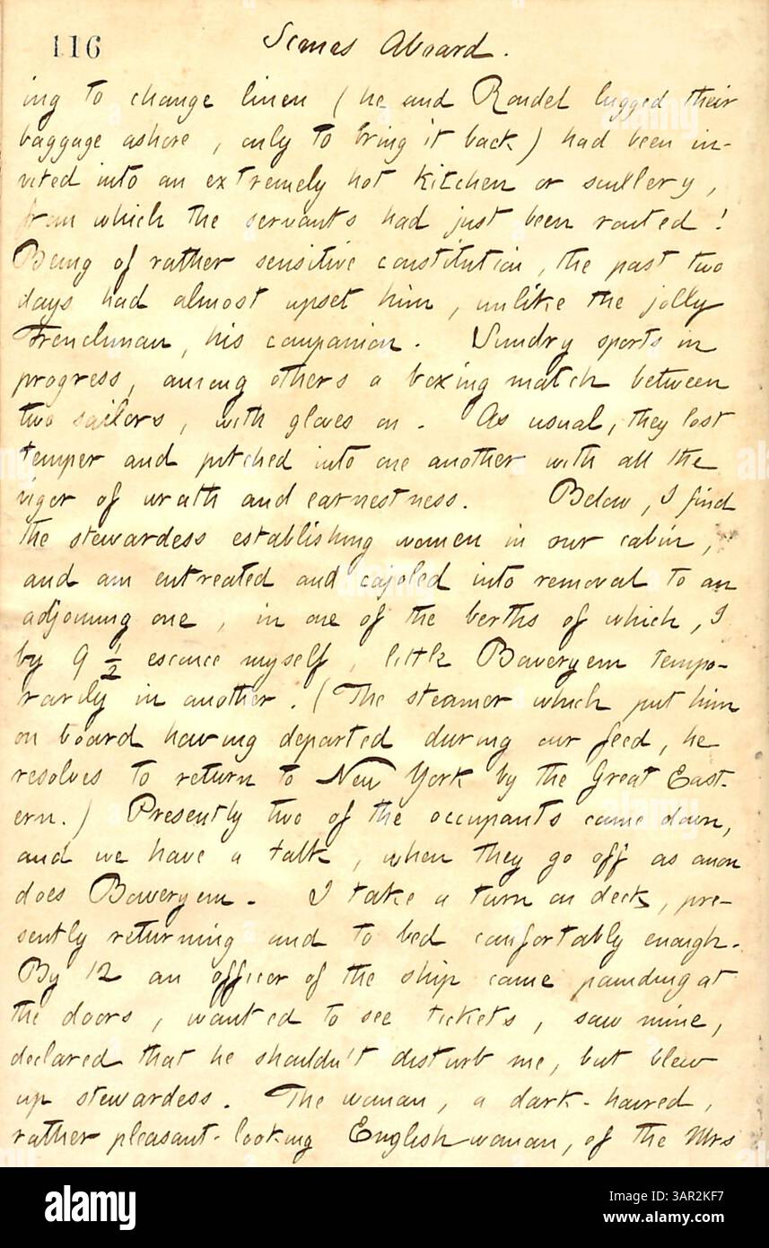 Thomas Butler Gunns Tagebucheintrag vom 31. Juli 1860, in dem er seine Erfahrungen an Bord der Great Eastern beschreibt und persönliche Momente und Interaktionen während der Reise hervorhebt. Stockfoto