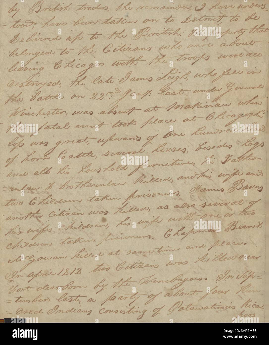 In diesem Brief berichtet Thomas Forsyth William Clark über die Feindseligkeiten der Potawatomis und Kickapoos gegenüber den USA im Jahr 1813. Forsyth berichtet über britischen Einfluss, die Anzahl der Krieger, die an diesen Stämmen beteiligt waren, und Angriffe auf amerikanische Siedlungen entlang des Illinois River. Stockfoto