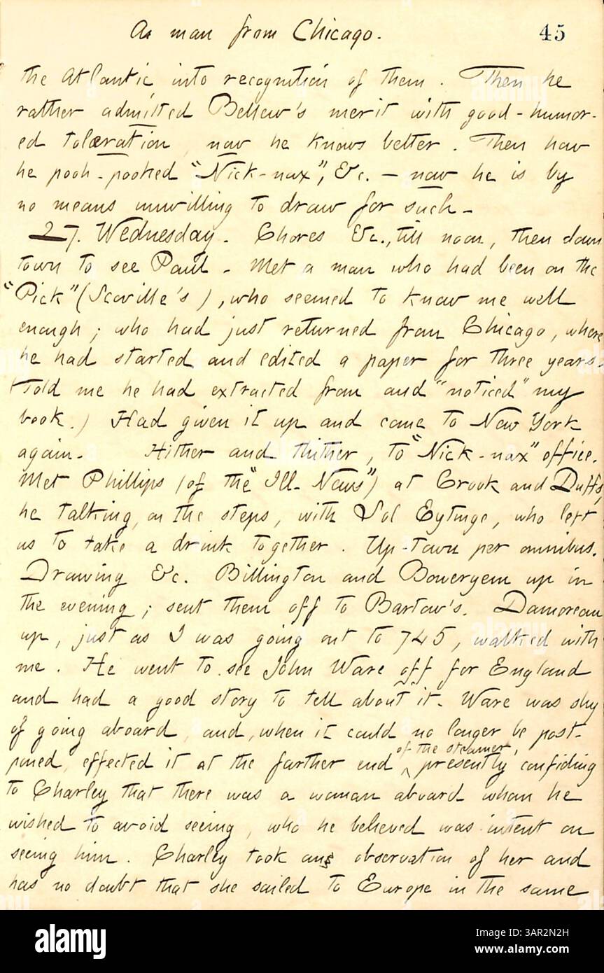 Band 13 der Thomas Butler Gunn Diaries, Seite 54, berichtet von Ereignissen vom 26. Bis 27. Juni 1860. Das Tagebuch gibt Einblicke in das soziale und persönliche Leben während des Bürgerkriegs. Stockfoto