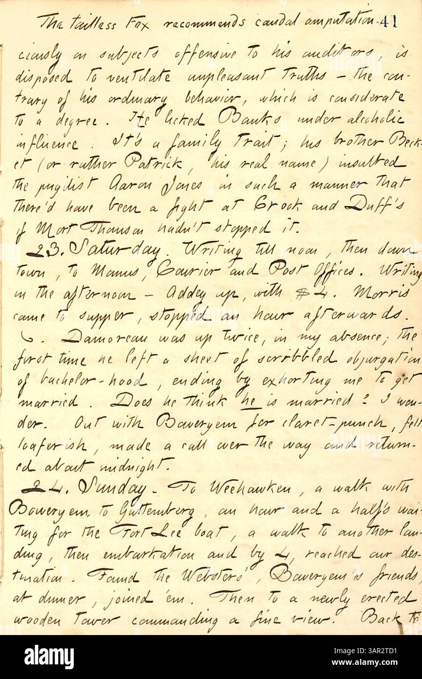 Die Tagebücher von Thomas Butler Gunn vom 22. Bis 24. Juni 1860 dokumentieren das gewalttätige Verhalten der Brüder Bellew, insbesondere unter Alkoholeinfluss. Der Tagebucheintrag enthält einen Kampf mit Frank Bellew und A. F. Banks, zusammen mit einer Familiengeschichte von Aggressionen. Stockfoto