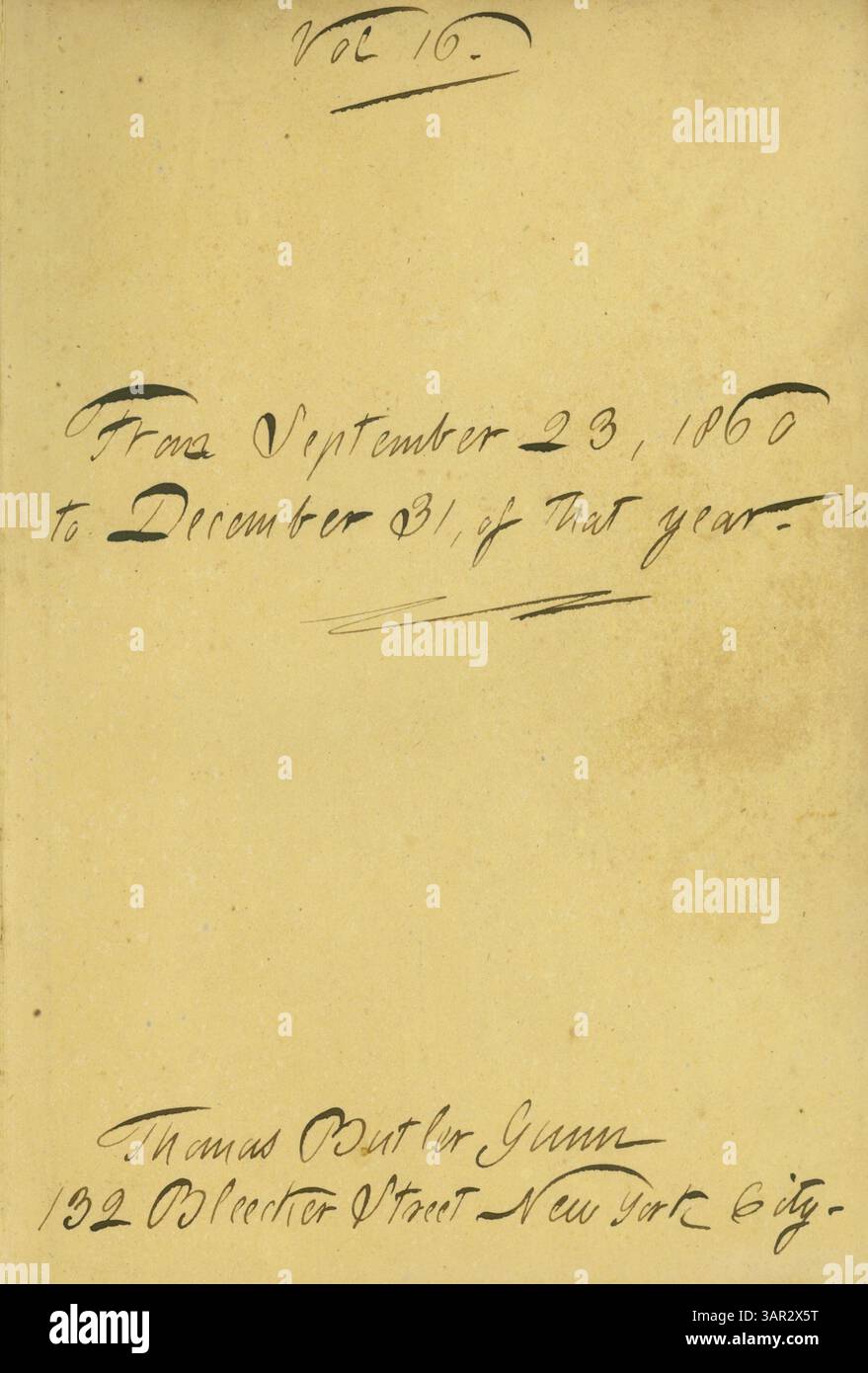 Der Tagebucheintrag von Thomas Butler Gunn, datiert 1860, Band 14, Seite 3, dokumentiert persönliche Erfahrungen zwischen dem 23. September und dem 31. Dezember desselben Jahres. Stockfoto
