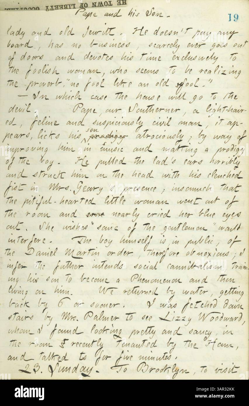Thomas Butler Gunns Tagebuch vom 15. Juni bis 10. Oktober 1861 enthält persönliche Berichte über New York während des Bürgerkriegs, Besuche von Militärlagern und Erfahrungen in Pensionen. Er beschreibt, wie er an einem Hochzeitsempfang für Sally Edwards und Thomas Nast teilnahm, die Familien Heylyn und Rogers in Rochester besuchte und nach Paris, Ontario reiste. Das Tagebuch trägt die Bezeichnung Band 19. Stockfoto