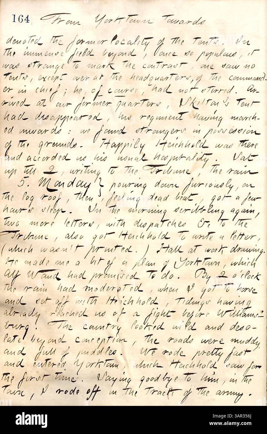 Thomas Butler Gunns Tagebucheintrag vom 4. Bis 5. Mai 1862 beschreibt seinen letzten Tag in Yorktown, wobei er die Veränderung der Landschaft und seine Korrespondenz mit der Tribune im Regen feststellt. Stockfoto