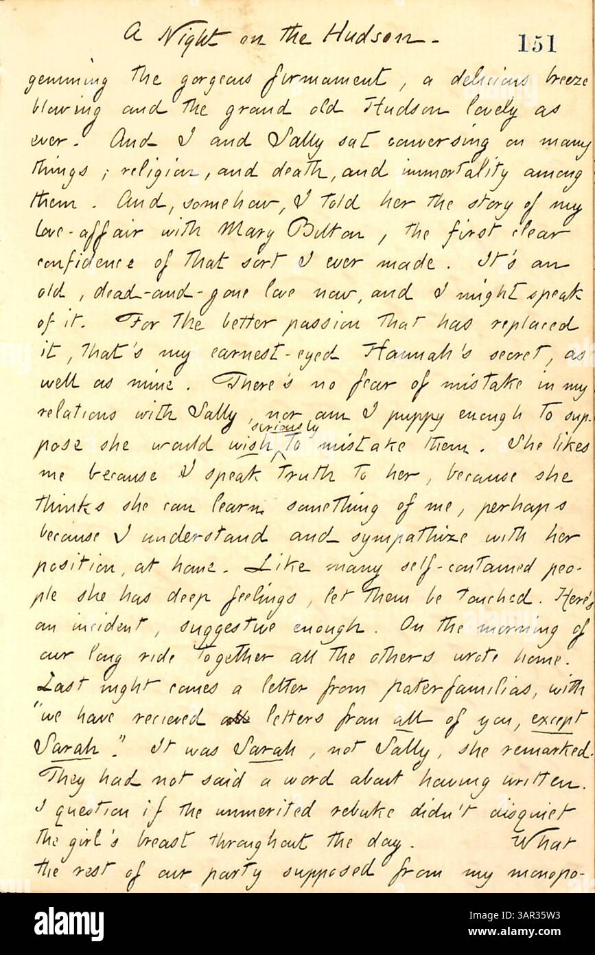 In diesem Tagebucheintrag reflektiert Thomas Butler Gunn ein Gespräch mit Sally Edwards, in dem er 1860 über Liebe, Tod und Religion am Hudson River diskutiert. Stockfoto