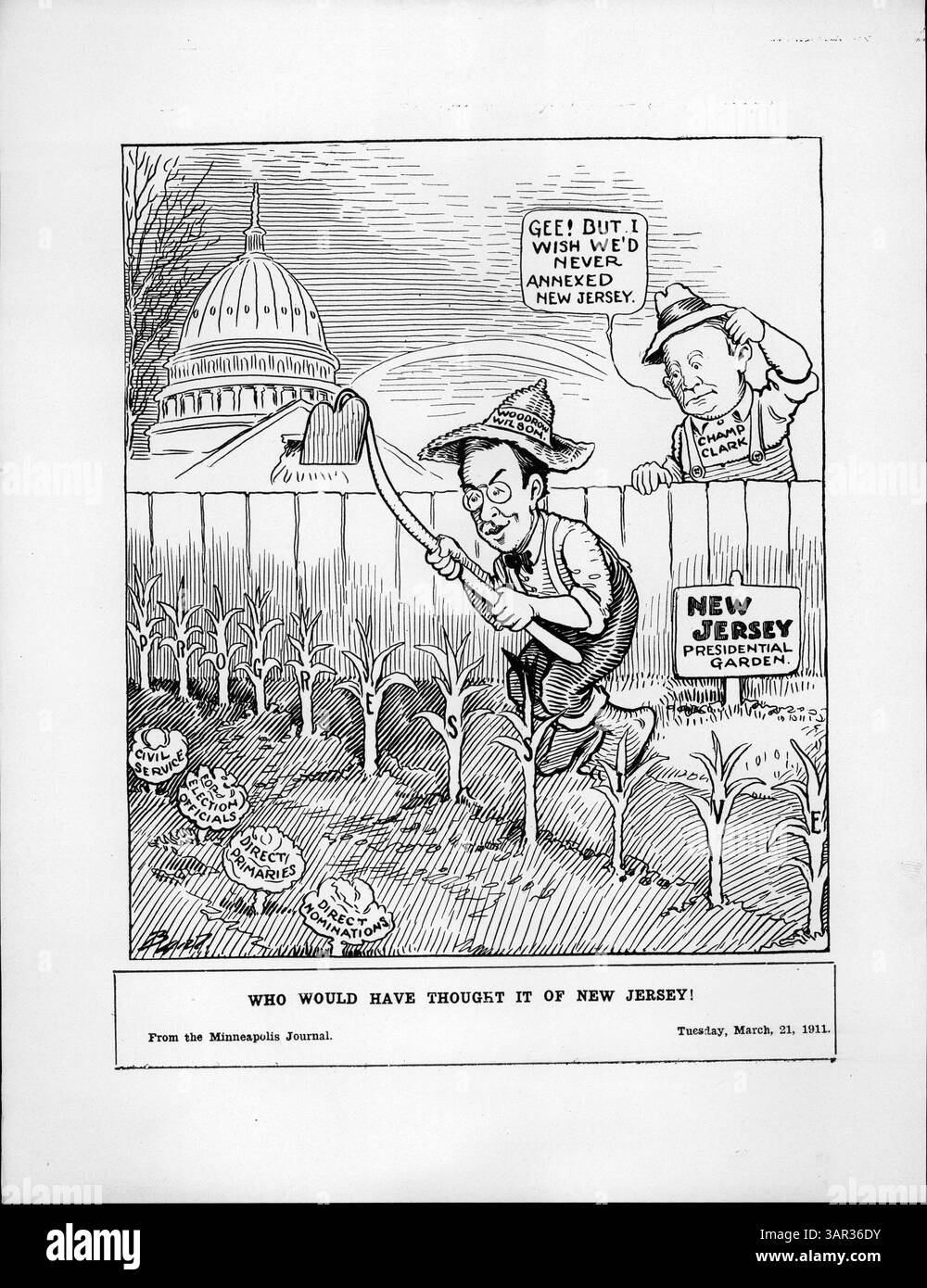 Der demokratische Sprecher des House Champ Clark drückte sein Bedauern über die US-Annexion von New Jersey aus, während Gouverneur Woodrow Wilson seinen „Präsidentengarten“ vorbereitete. Dieser Moment geht ihrem späteren Wettbewerb um die Präsidentschaftskandidaten der Demokraten 1912 voraus, wobei Wilson den Sieg sicherte. Stockfoto
