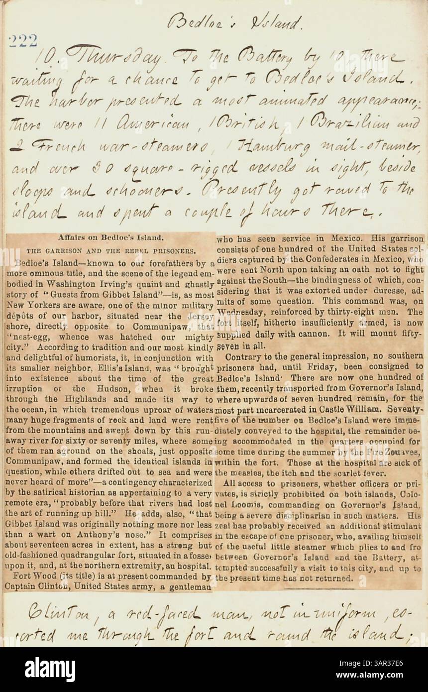 Gunns Tagebücher vom 15. Juni bis 10. Oktober 1861 decken seine Zeit in New York während des Bürgerkriegs ab. Er beschreibt Militärlager, gesellschaftliche Ereignisse und einen Besuch in Paris, Ontario, um die Conworths und George Bolton zu sehen. Stockfoto