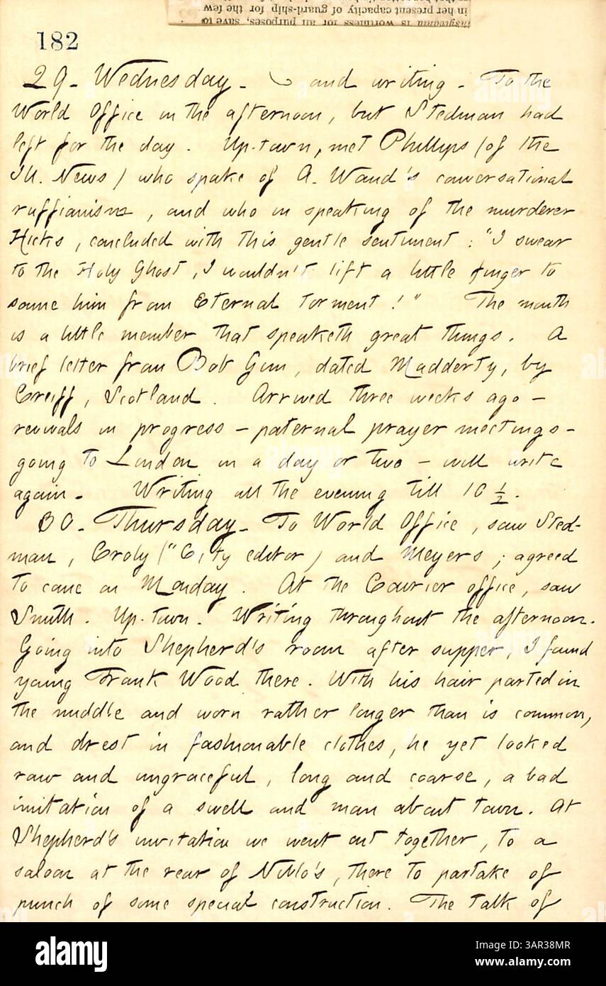 In Thomas Butler Gunns Tagebuch, Band 13, Seite 198, vom 29. Bis 30. August 1860, er schreibt über ein Gespräch mit N.G. Shepherd und Frank Wood. Er erzählt auch von einem Treffen mit G.S. Phillips und erwähnt einen Brief von Bob Gun in Schottland. Teil der Sammlung der Missouri Historical Society. Stockfoto