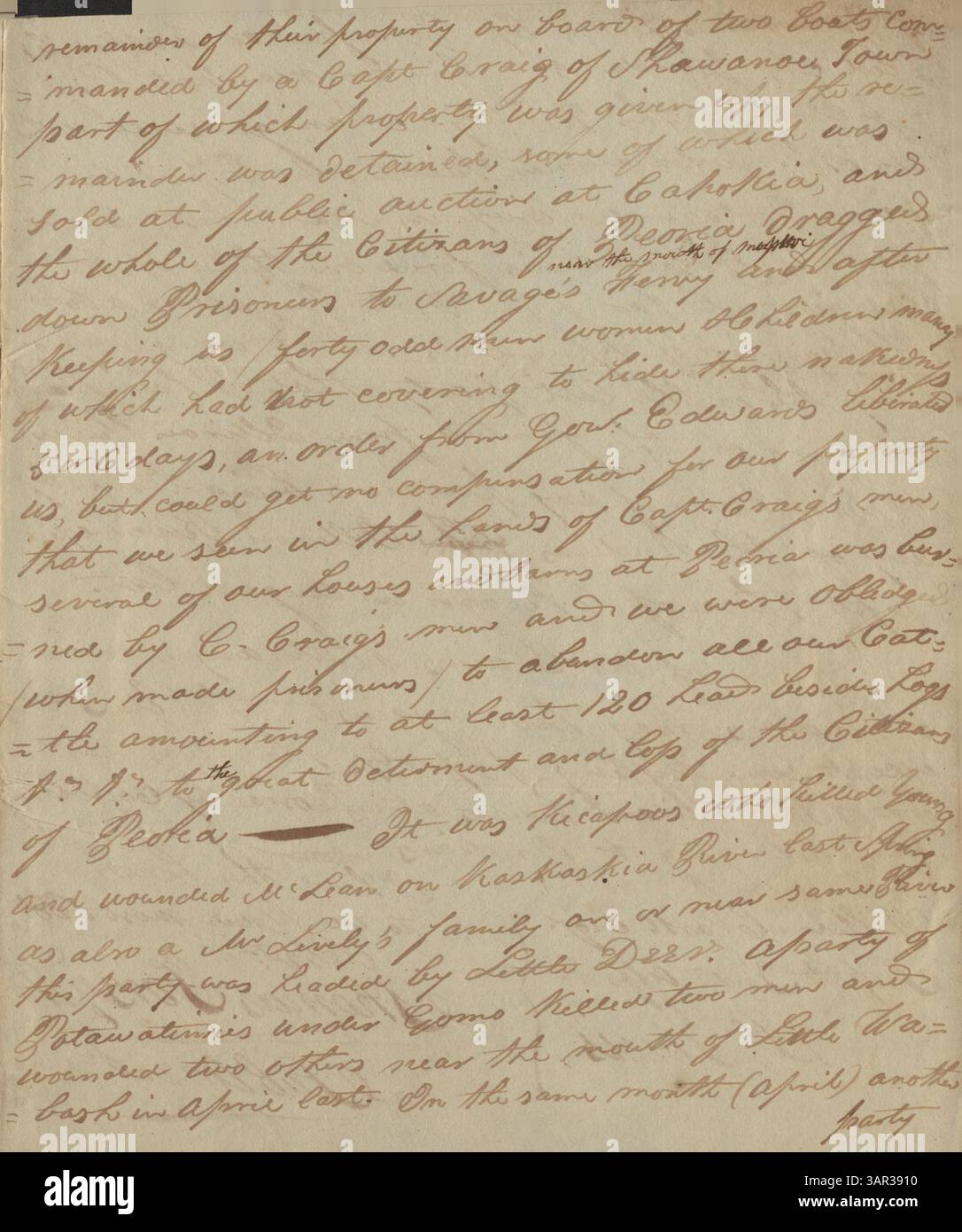 Thomas Forsyths Brief an William Clark beschreibt die feindlichen Aktionen von Potawatomis und Kickapoos während des Krieges von 1812. Forsyth hebt den Einfluss der Briten auf diese Stämme hervor und liefert Schätzungen von Kriegern, die an Angriffen auf amerikanische Siedlungen entlang des Illinois River beteiligt waren. Stockfoto