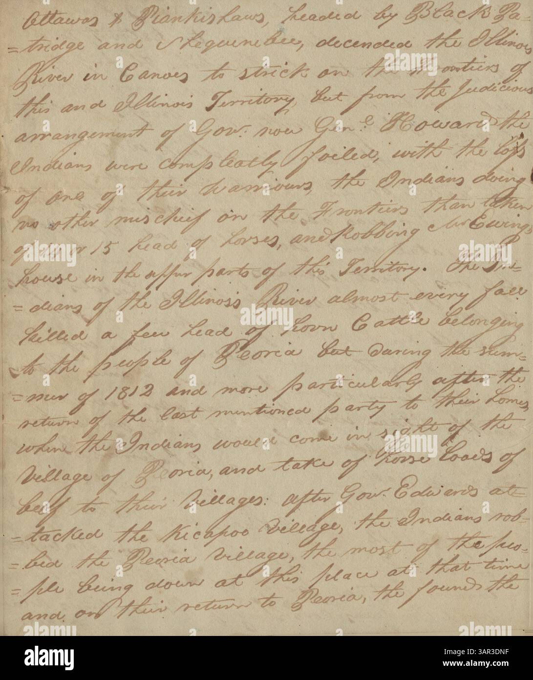 Thomas Forsyth schreibt an William Clark über die feindseligen Potawatomis- und Kickapoos-Stämme während des Krieges von 1812, beschreibt den britischen Einfluss auf diese Stämme und liefert eine Schätzung der Krieger, die an Angriffen auf amerikanische Siedlungen entlang des Illinois River beteiligt waren. Stockfoto