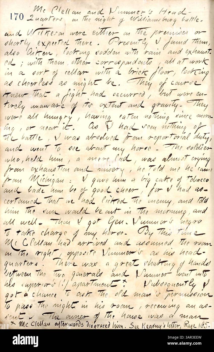 Dieser Tagebucheintrag von Thomas Butler Gunn vom 5. Mai 1862 beschreibt das Hauptquartier der Generäle McClellan und Sumner in Williamsburg während des Bürgerkriegs und bietet eine persönliche Darstellung der Bedingungen und Ereignisse während der Schlacht. Stockfoto