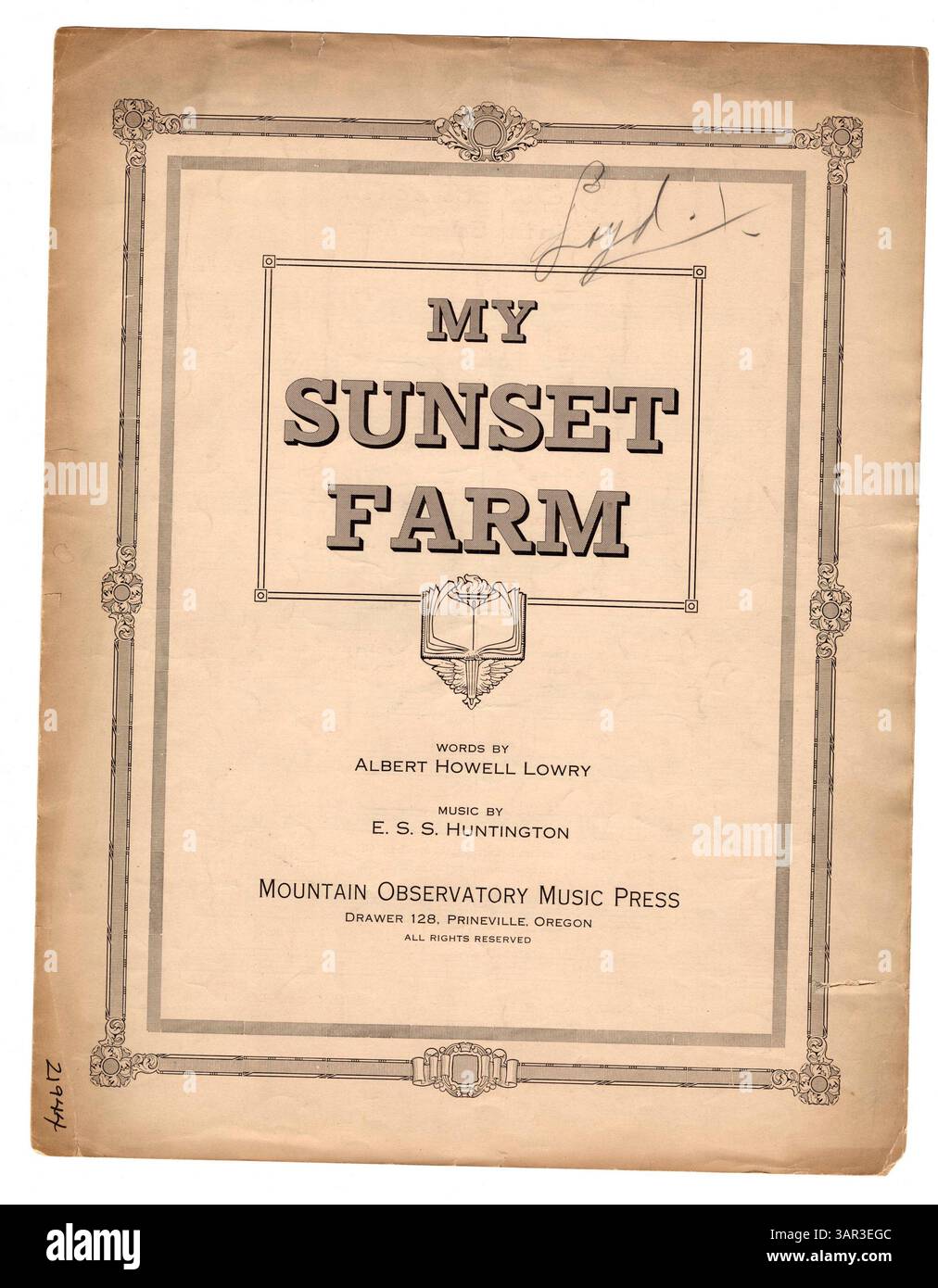 „My Sunset Farm“ enthält eine Printwerbung auf der Rückseite für zusätzliche Musiktitel der Mountain Observatory Music Press. Stockfoto