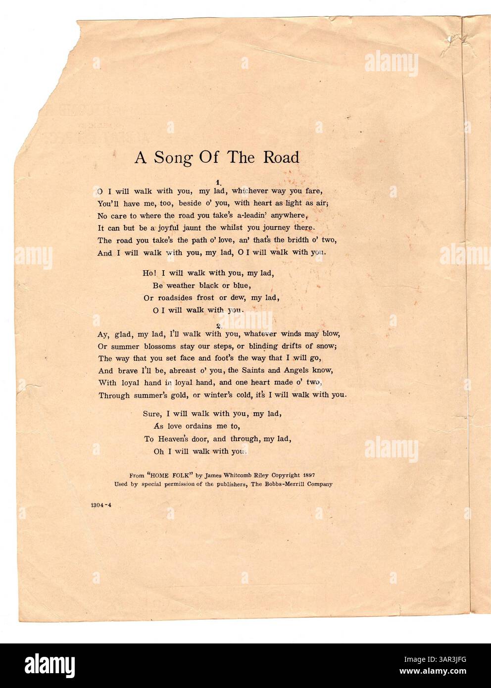 „A Song of the Road“ widmet sich „The Bride to be“ und enthält Text aus „Home Folk“ von James Whitcomb Riley. Das Cover enthält Ausschnitte aus weiteren Songs von John T. Hall, darunter Three Roses, at a Broadway Cabaret und Girl of My Dreams. Nummernschild 1304-4. Stockfoto