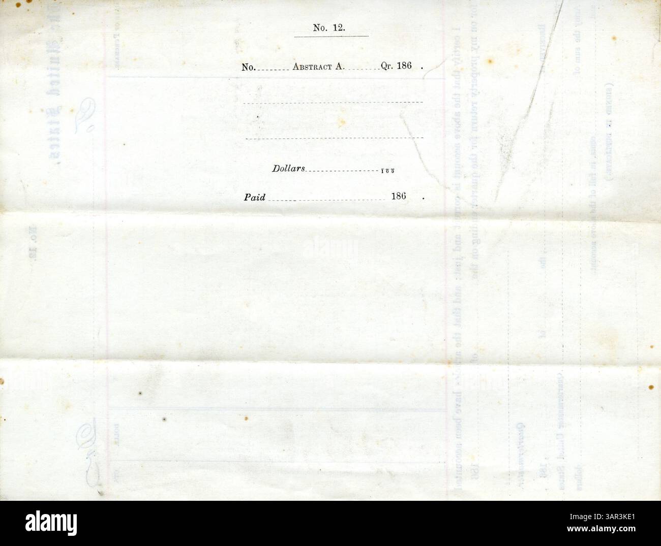 Diese leere Militärform, die von 1861 bis 1863 stammt, wurde verwendet, um den Kauf von Militärgütern während des Bürgerkriegs zu dokumentieren. Es ist ein Beispiel dafür, wie das Militär seine Finanzen und Inventare verwaltet hat. Stockfoto