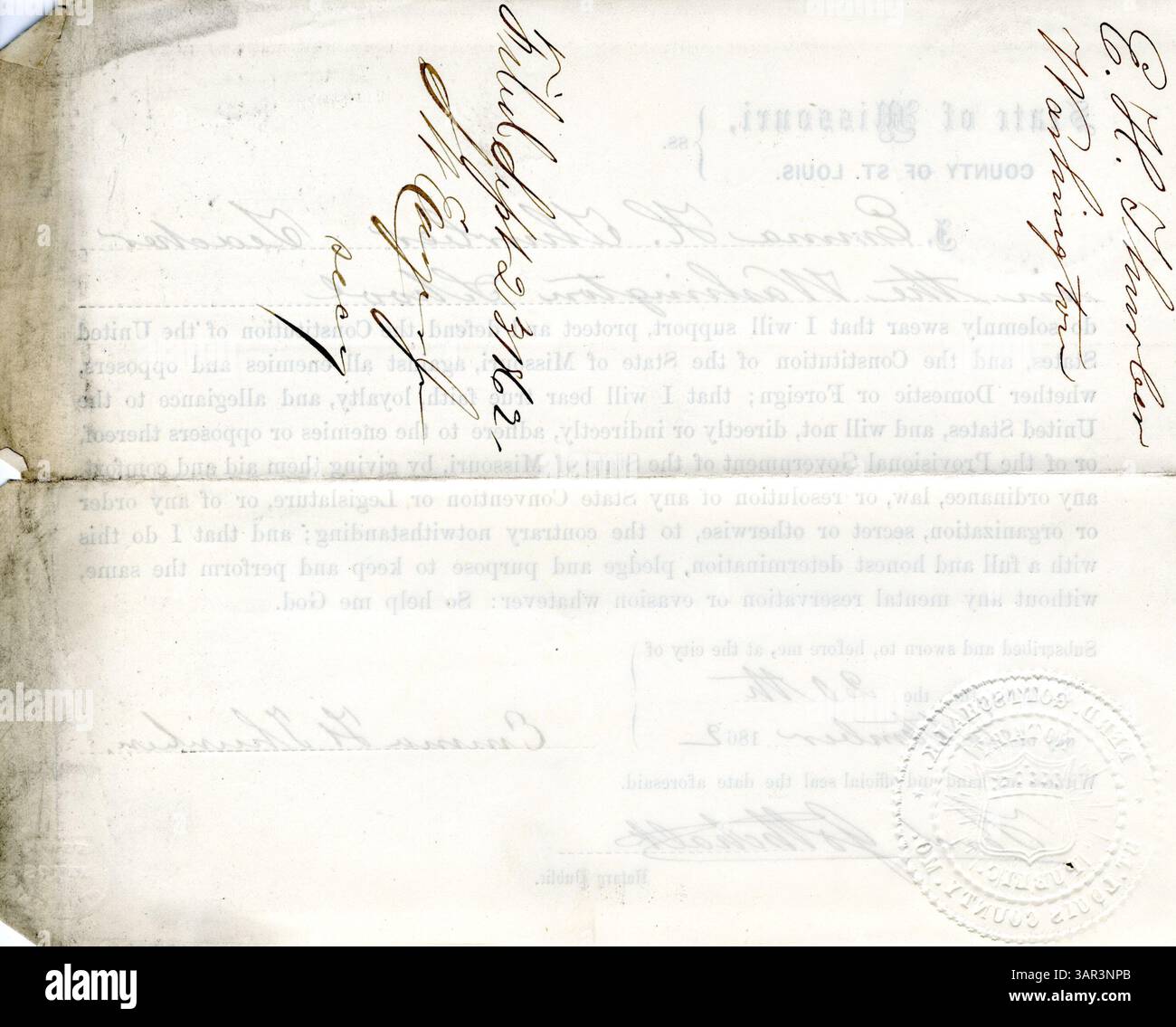 Emma H. Thurbers Treueschöb, der während des Bürgerkriegs den Vereinigten Staaten und Missouri geschworen wurde, wie von der Missouri Historical Society dokumentiert. Stockfoto