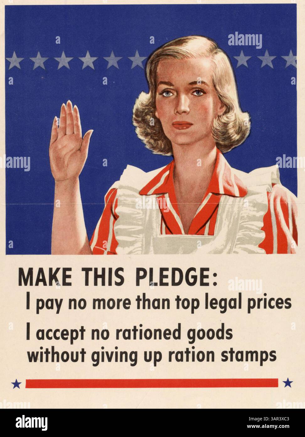 Eine Frau in einer Schürze erhebt ihre rechte Hand, um ein Versprechen zu machen, und sagt: "Ich zahle nicht mehr als legale Spitzenpreise - ich akzeptiere keine rationierten Waren, ohne Rationierungsmarken aufzugeben." Das Versprechen betont das Engagement für faire Preisgestaltung und Rationierungsmaßnahmen während des Krieges. Stockfoto