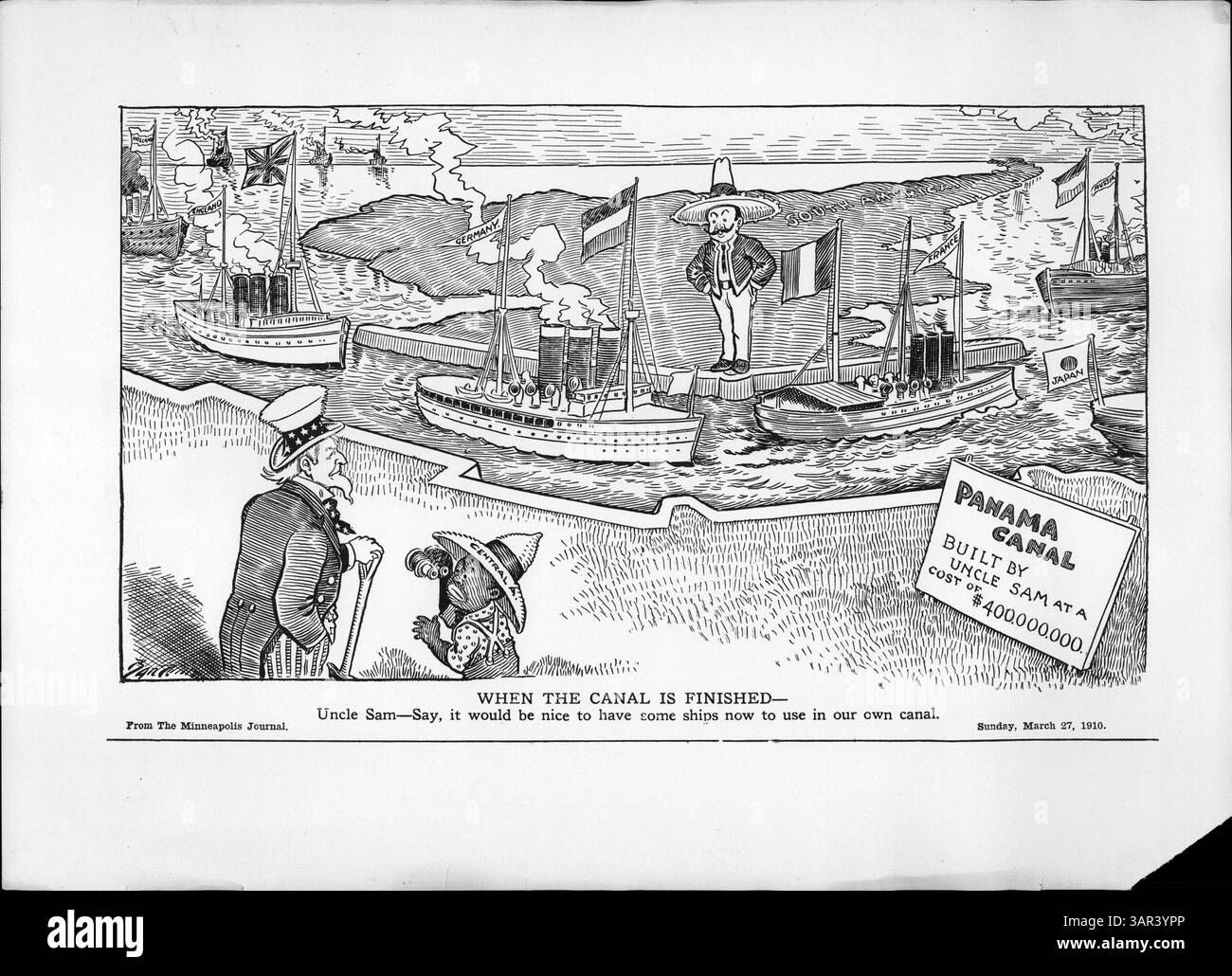„When the Canal is finished“ veranschaulicht den politischen Kontext rund um den Bau des Panamakanals mit internationalen Spannungen und militärischen Ambitionen der USA während des frühen 20. Jahrhunderts. Stockfoto „When the Canal is finished“ veranschaulicht den politischen Kontext rund um den Bau des Panamakanals mit internationalen Spannungen und militärischen Ambitionen der USA während des frühen 20. Jahrhunderts. Stockfoto