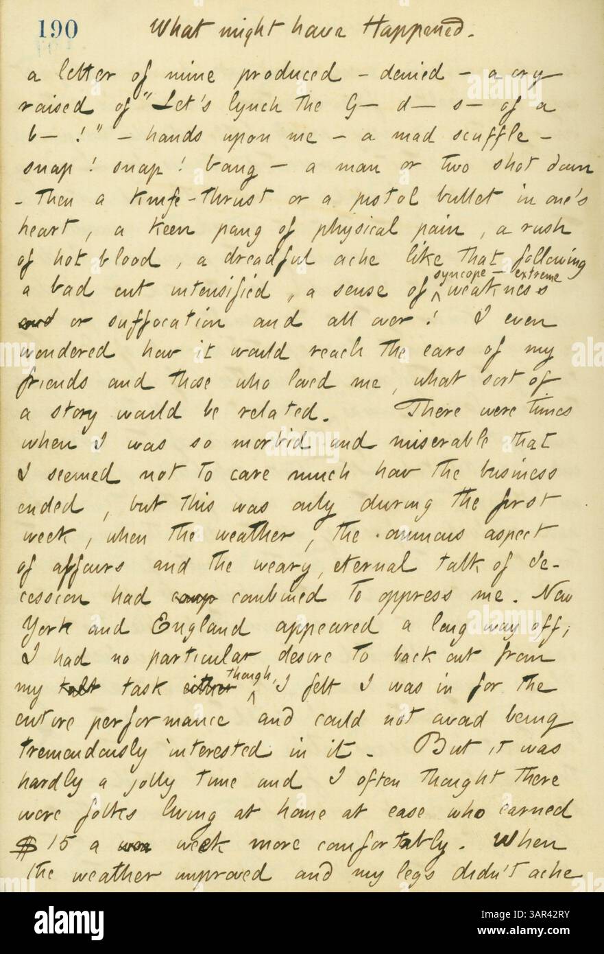Thomas Butler Gunns Tagebucheintrag vom 31. Dezember 1860 beschreibt seine Besorgnis über die gefährliche politische Situation in Charleston. Er drückt seine Angst vor Gewalt und dem Konfliktpotenzial in einer unbeständigen Zeit in der US-Geschichte aus. Stockfoto