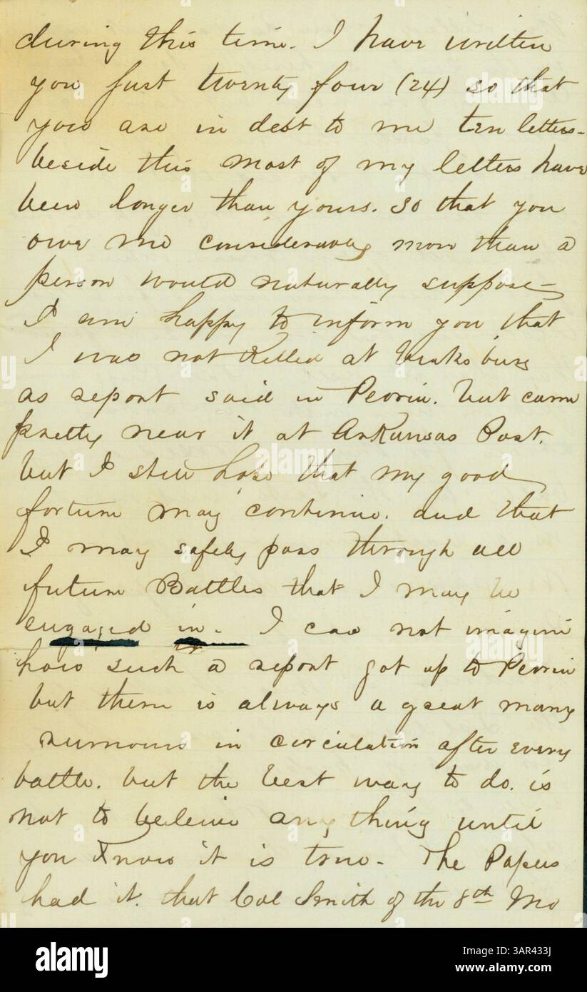 Schreiben vom 30. Januar 1863 von D.P. Grier, im Lager gegenüber Vicksburg, über seine Krankheit, seinen Militärdienst und politische Angelegenheiten. Stockfoto