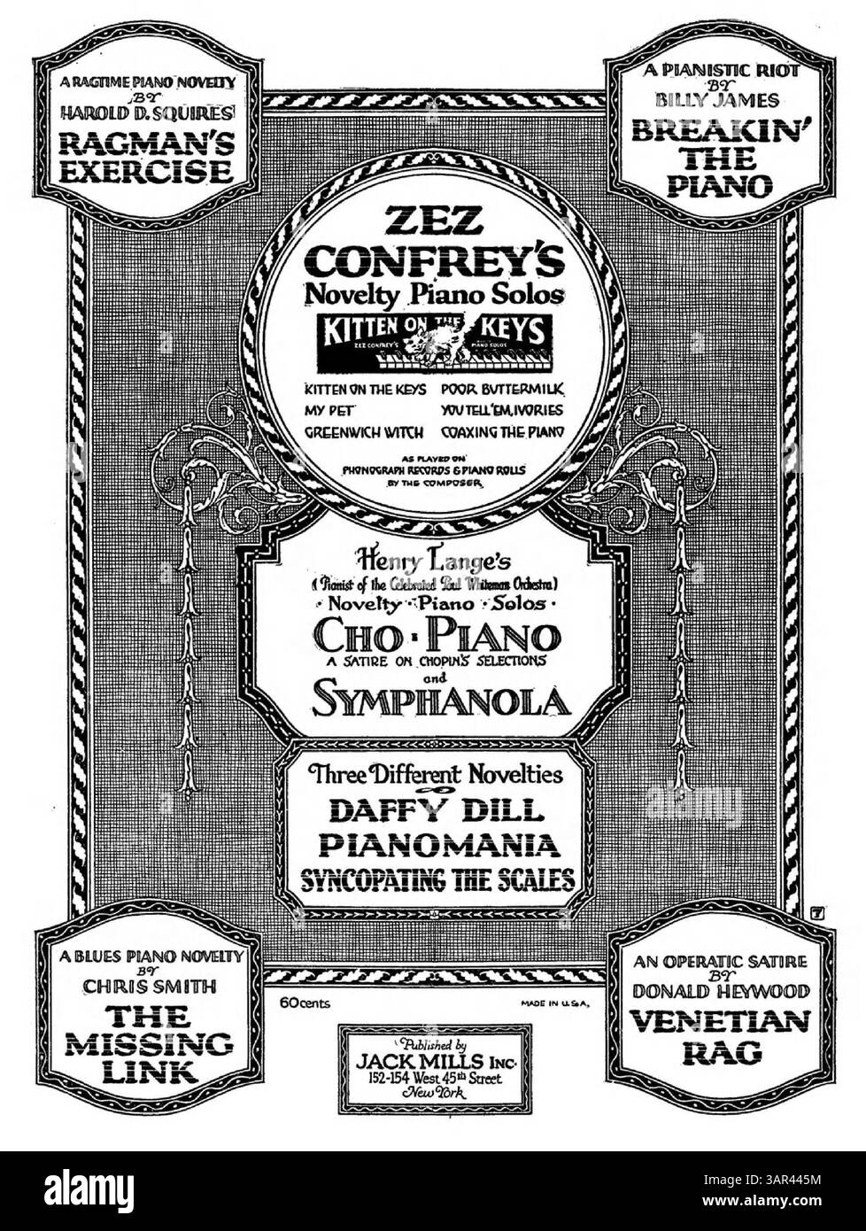 Das Dokument enthält Werbespots von Jack Mills Inc., darunter Honky Dory, Dancing Fingers und Daffy Dill. Zusätzliche Werbung wirbt für „Syncopatin“ von Arthur Schutt und „Beautiful Eastern Star“ von Billy James. Stockfoto