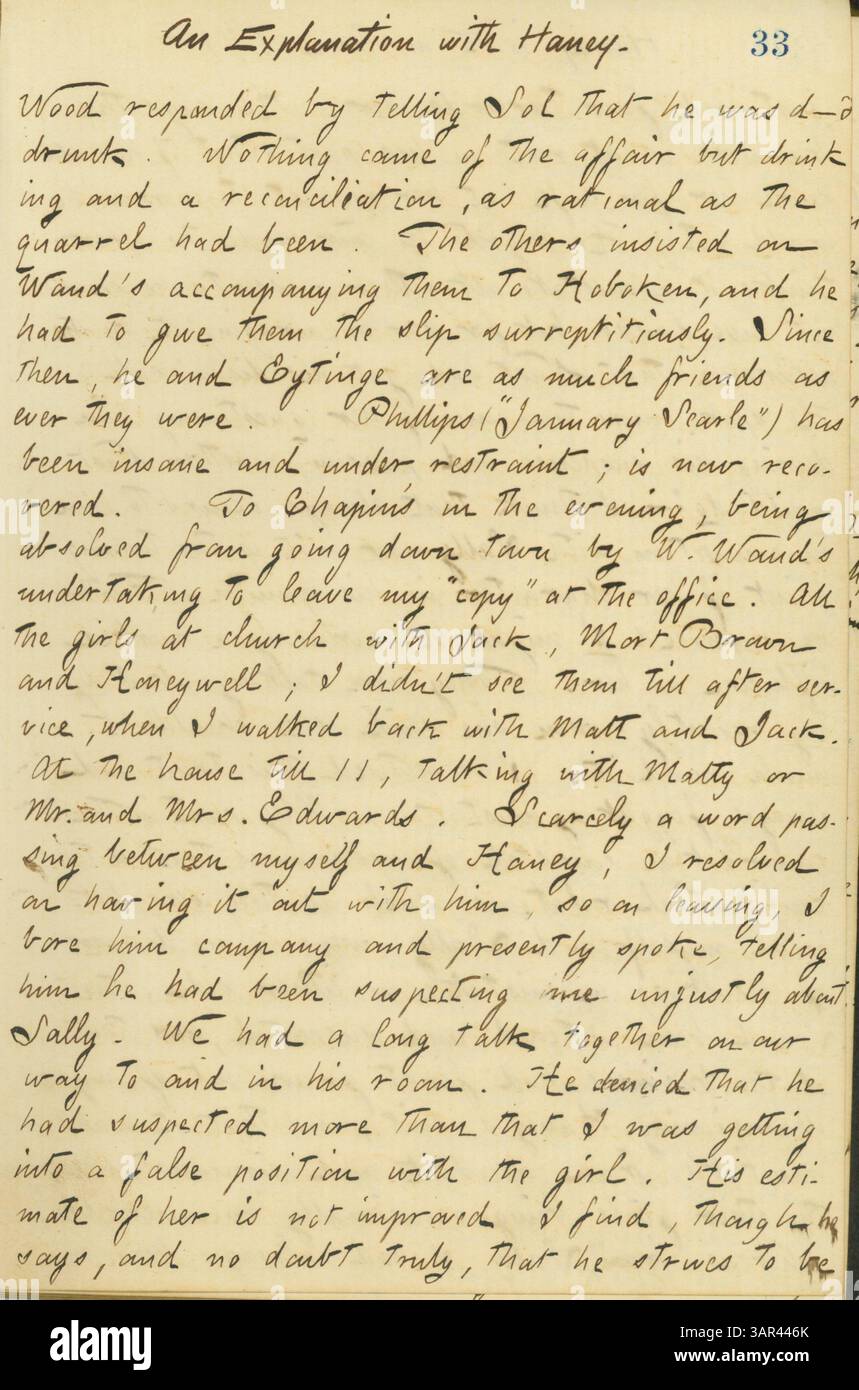 Ein Auszug aus Thomas Butler Gunns Tagebüchern, in dem ein Gespräch mit Jesse Haney über Sally Edwards beschrieben wird. Dieser Band, aufgenommen am 7. Oktober 1860, bietet Einblicke in persönliche Interaktionen in der Mitte des 19. Jahrhunderts. Stockfoto
