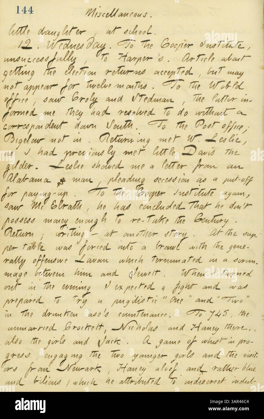 Dieser Eintrag aus Thomas Butler Gunns Tagebuch (Band 14, Seite 154) beschreibt einen Vorfall in einer Pension und seine Interaktionen mit verschiedenen Persönlichkeiten in New York während des Bürgerkriegs. Stockfoto