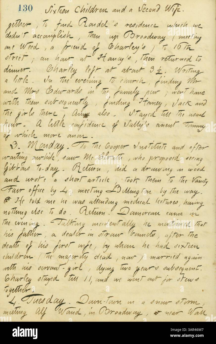 Der Tagebucheintrag von Thomas Butler Gunn (Band 14, Seite 140, 2.-4. Dezember 1860) gibt einen detaillierten Bericht über seinen Besuch bei der Familie Edwards nach der Kirche, beschreibt die Interaktion mit verschiedenen Personen und gesellschaftlichen Ereignissen sowie einen Bezug zu persönlichen Angelegenheiten und täglichen Aktivitäten während der Zeit. Stockfoto